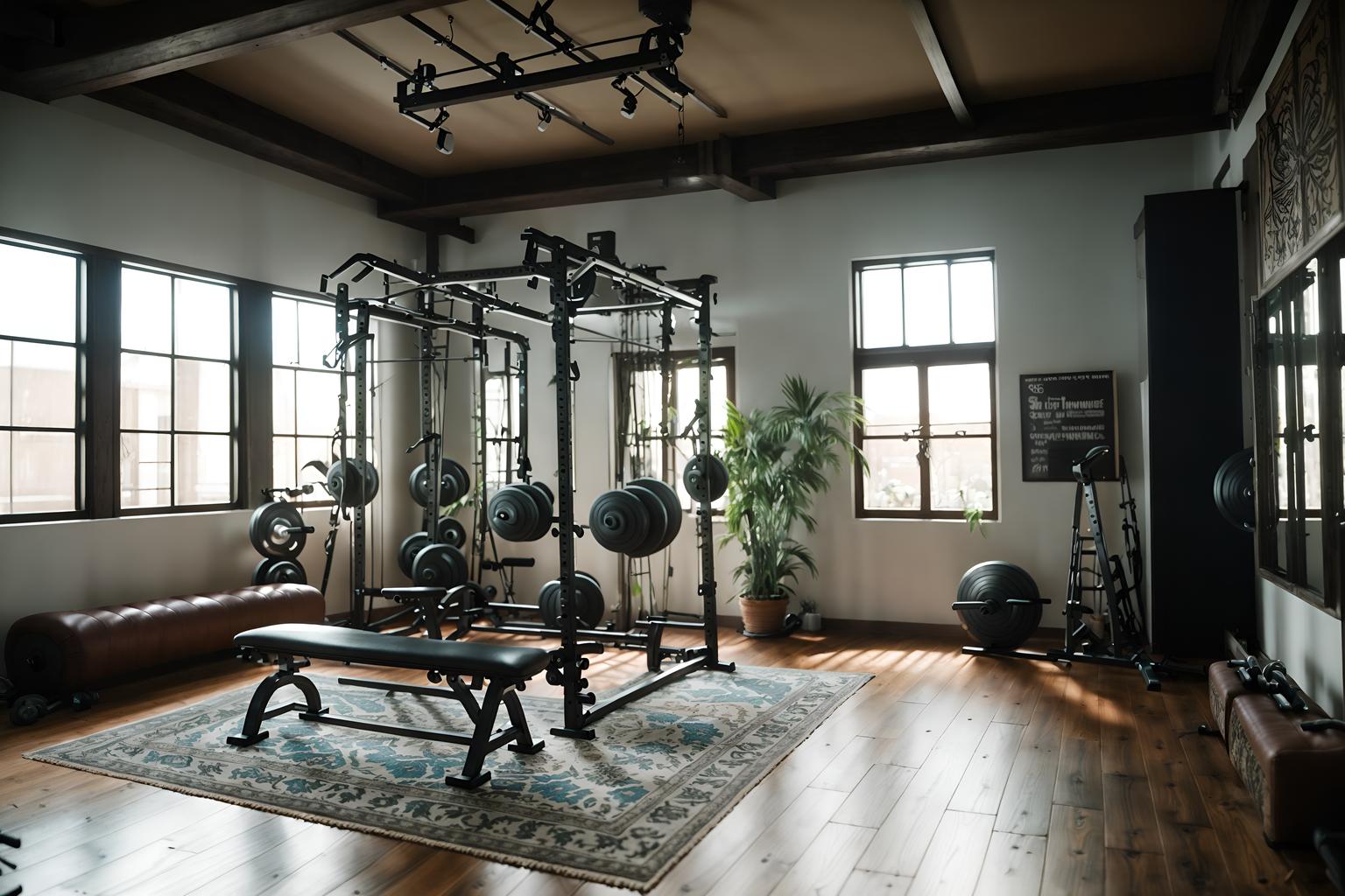 boho-chic-style (fitness gym interior) with exercise bicycle and crosstrainer and bench press and dumbbell stand and squat rack and exercise bicycle. . . cinematic photo, highly detailed, cinematic lighting, ultra-detailed, ultrarealistic, photorealism, 8k. boho-chic interior design style. masterpiece, cinematic light, ultrarealistic+, photorealistic+, 8k, raw photo, realistic, sharp focus on eyes, (symmetrical eyes), (intact eyes), hyperrealistic, highest quality, best quality, , highly detailed, masterpiece, best quality, extremely detailed 8k wallpaper, masterpiece, best quality, ultra-detailed, best shadow, detailed background, detailed face, detailed eyes, high contrast, best illumination, detailed face, dulux, caustic, dynamic angle, detailed glow. dramatic lighting. highly detailed, insanely detailed hair, symmetrical, intricate details, professionally retouched, 8k high definition. strong bokeh. award winning photo.