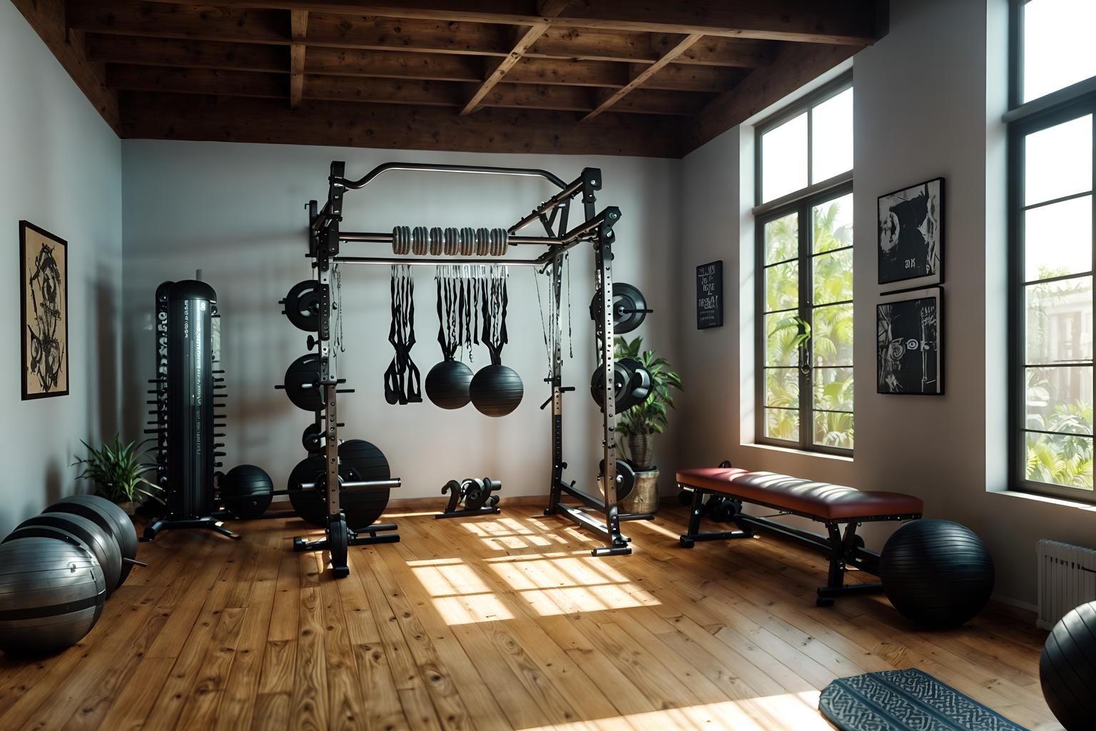 boho-chic-style (fitness gym interior) with exercise bicycle and crosstrainer and bench press and dumbbell stand and squat rack and exercise bicycle. . . cinematic photo, highly detailed, cinematic lighting, ultra-detailed, ultrarealistic, photorealism, 8k. boho-chic interior design style. masterpiece, cinematic light, ultrarealistic+, photorealistic+, 8k, raw photo, realistic, sharp focus on eyes, (symmetrical eyes), (intact eyes), hyperrealistic, highest quality, best quality, , highly detailed, masterpiece, best quality, extremely detailed 8k wallpaper, masterpiece, best quality, ultra-detailed, best shadow, detailed background, detailed face, detailed eyes, high contrast, best illumination, detailed face, dulux, caustic, dynamic angle, detailed glow. dramatic lighting. highly detailed, insanely detailed hair, symmetrical, intricate details, professionally retouched, 8k high definition. strong bokeh. award winning photo.