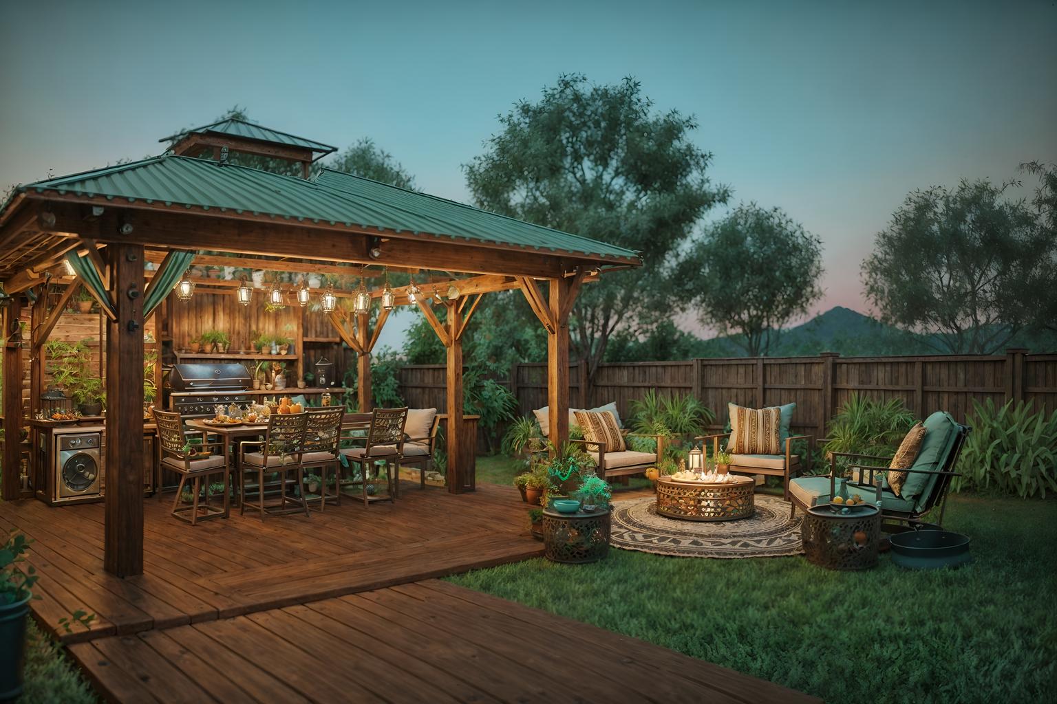 boho-chic-style designed (outdoor patio ) with barbeque or grill and deck with deck chairs and grass and plant and patio couch with pillows and barbeque or grill. . . cinematic photo, highly detailed, cinematic lighting, ultra-detailed, ultrarealistic, photorealism, 8k. boho-chic design style. masterpiece, cinematic light, ultrarealistic+, photorealistic+, 8k, raw photo, realistic, sharp focus on eyes, (symmetrical eyes), (intact eyes), hyperrealistic, highest quality, best quality, , highly detailed, masterpiece, best quality, extremely detailed 8k wallpaper, masterpiece, best quality, ultra-detailed, best shadow, detailed background, detailed face, detailed eyes, high contrast, best illumination, detailed face, dulux, caustic, dynamic angle, detailed glow. dramatic lighting. highly detailed, insanely detailed hair, symmetrical, intricate details, professionally retouched, 8k high definition. strong bokeh. award winning photo.