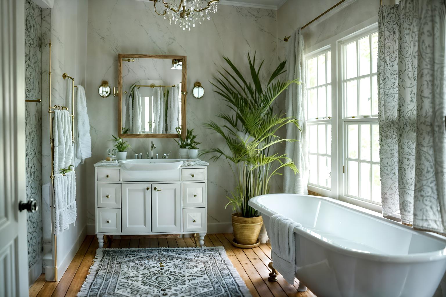 boho-chic-style (hotel bathroom interior) with shower and bathroom cabinet and bath towel and bathtub and mirror and bath rail and plant and toilet seat. . . cinematic photo, highly detailed, cinematic lighting, ultra-detailed, ultrarealistic, photorealism, 8k. boho-chic interior design style. masterpiece, cinematic light, ultrarealistic+, photorealistic+, 8k, raw photo, realistic, sharp focus on eyes, (symmetrical eyes), (intact eyes), hyperrealistic, highest quality, best quality, , highly detailed, masterpiece, best quality, extremely detailed 8k wallpaper, masterpiece, best quality, ultra-detailed, best shadow, detailed background, detailed face, detailed eyes, high contrast, best illumination, detailed face, dulux, caustic, dynamic angle, detailed glow. dramatic lighting. highly detailed, insanely detailed hair, symmetrical, intricate details, professionally retouched, 8k high definition. strong bokeh. award winning photo.