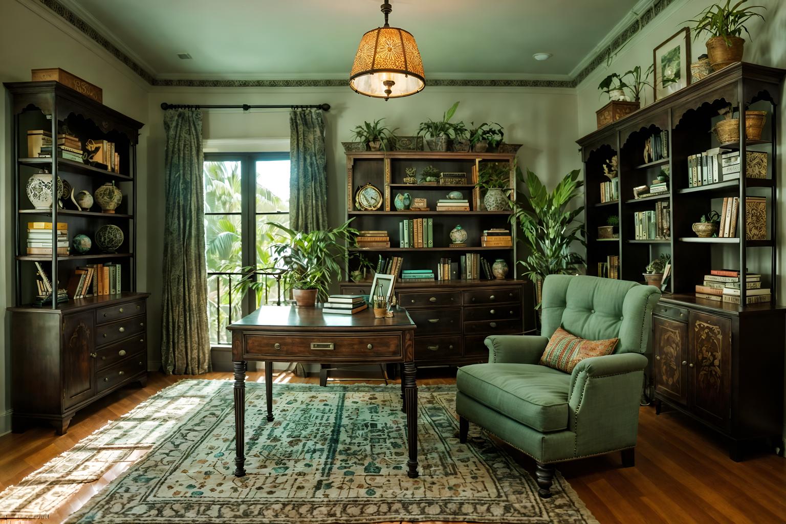 boho-chic-style (study room interior) with writing desk and cabinets and desk lamp and plant and bookshelves and lounge chair and office chair and writing desk. . . cinematic photo, highly detailed, cinematic lighting, ultra-detailed, ultrarealistic, photorealism, 8k. boho-chic interior design style. masterpiece, cinematic light, ultrarealistic+, photorealistic+, 8k, raw photo, realistic, sharp focus on eyes, (symmetrical eyes), (intact eyes), hyperrealistic, highest quality, best quality, , highly detailed, masterpiece, best quality, extremely detailed 8k wallpaper, masterpiece, best quality, ultra-detailed, best shadow, detailed background, detailed face, detailed eyes, high contrast, best illumination, detailed face, dulux, caustic, dynamic angle, detailed glow. dramatic lighting. highly detailed, insanely detailed hair, symmetrical, intricate details, professionally retouched, 8k high definition. strong bokeh. award winning photo.