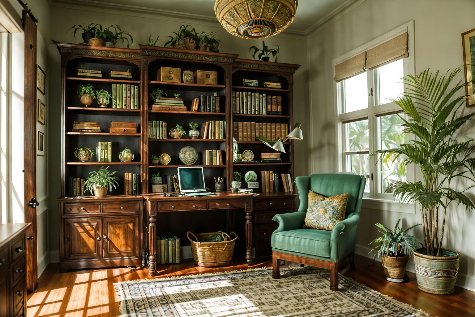 boho-chic-style (study room interior) with writing desk and cabinets and desk lamp and plant and bookshelves and lounge chair and office chair and writing desk. . . cinematic photo, highly detailed, cinematic lighting, ultra-detailed, ultrarealistic, photorealism, 8k. boho-chic interior design style. masterpiece, cinematic light, ultrarealistic+, photorealistic+, 8k, raw photo, realistic, sharp focus on eyes, (symmetrical eyes), (intact eyes), hyperrealistic, highest quality, best quality, , highly detailed, masterpiece, best quality, extremely detailed 8k wallpaper, masterpiece, best quality, ultra-detailed, best shadow, detailed background, detailed face, detailed eyes, high contrast, best illumination, detailed face, dulux, caustic, dynamic angle, detailed glow. dramatic lighting. highly detailed, insanely detailed hair, symmetrical, intricate details, professionally retouched, 8k high definition. strong bokeh. award winning photo.