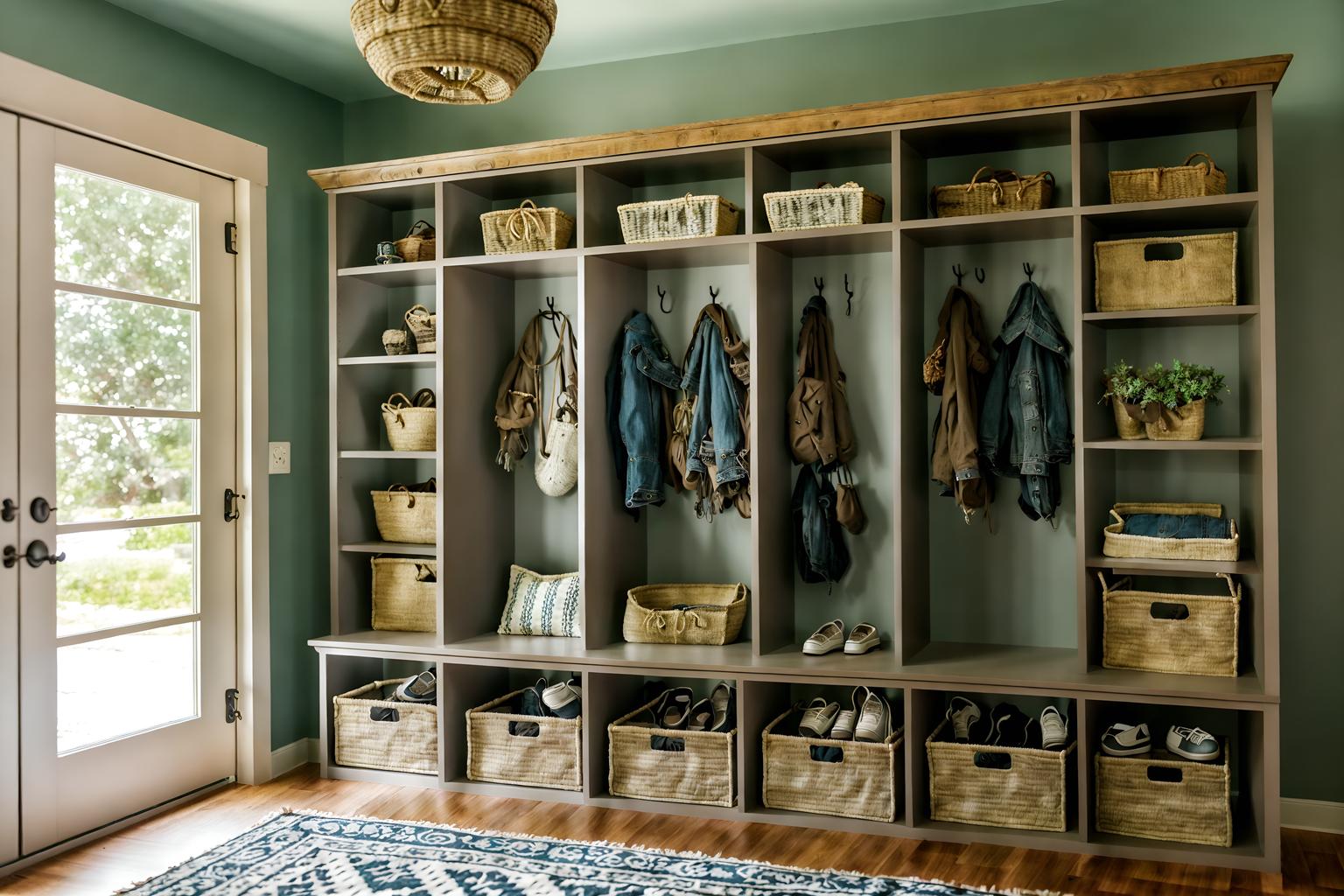 boho-chic-style (mudroom interior) with wall hooks for coats and cubbies and cabinets and a bench and storage baskets and high up storage and shelves for shoes and storage drawers. . . cinematic photo, highly detailed, cinematic lighting, ultra-detailed, ultrarealistic, photorealism, 8k. boho-chic interior design style. masterpiece, cinematic light, ultrarealistic+, photorealistic+, 8k, raw photo, realistic, sharp focus on eyes, (symmetrical eyes), (intact eyes), hyperrealistic, highest quality, best quality, , highly detailed, masterpiece, best quality, extremely detailed 8k wallpaper, masterpiece, best quality, ultra-detailed, best shadow, detailed background, detailed face, detailed eyes, high contrast, best illumination, detailed face, dulux, caustic, dynamic angle, detailed glow. dramatic lighting. highly detailed, insanely detailed hair, symmetrical, intricate details, professionally retouched, 8k high definition. strong bokeh. award winning photo.