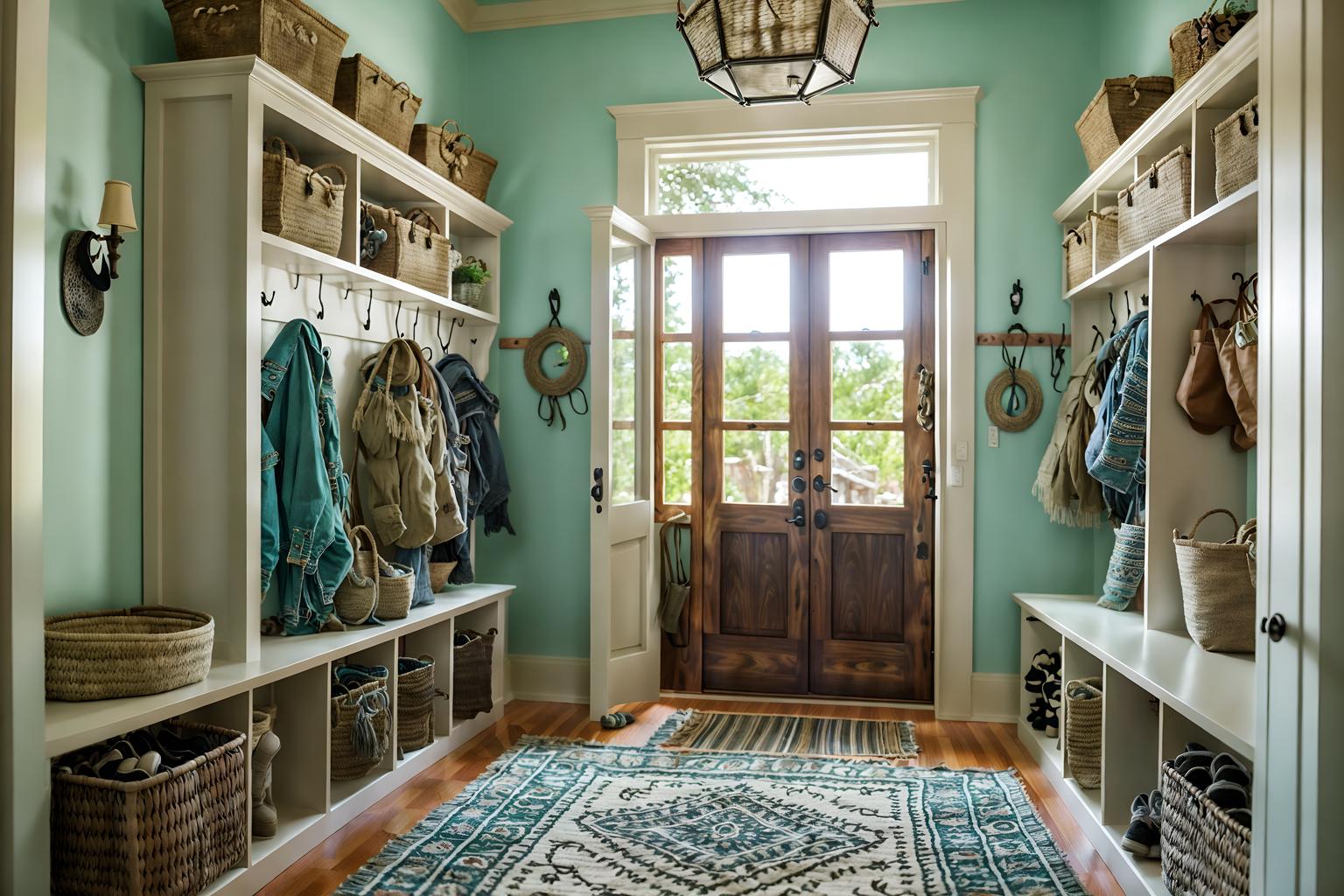 boho-chic-style (mudroom interior) with wall hooks for coats and cubbies and cabinets and a bench and storage baskets and high up storage and shelves for shoes and storage drawers. . . cinematic photo, highly detailed, cinematic lighting, ultra-detailed, ultrarealistic, photorealism, 8k. boho-chic interior design style. masterpiece, cinematic light, ultrarealistic+, photorealistic+, 8k, raw photo, realistic, sharp focus on eyes, (symmetrical eyes), (intact eyes), hyperrealistic, highest quality, best quality, , highly detailed, masterpiece, best quality, extremely detailed 8k wallpaper, masterpiece, best quality, ultra-detailed, best shadow, detailed background, detailed face, detailed eyes, high contrast, best illumination, detailed face, dulux, caustic, dynamic angle, detailed glow. dramatic lighting. highly detailed, insanely detailed hair, symmetrical, intricate details, professionally retouched, 8k high definition. strong bokeh. award winning photo.
