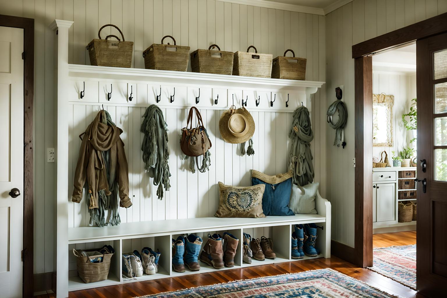boho-chic-style (mudroom interior) with wall hooks for coats and cubbies and cabinets and a bench and storage baskets and high up storage and shelves for shoes and storage drawers. . . cinematic photo, highly detailed, cinematic lighting, ultra-detailed, ultrarealistic, photorealism, 8k. boho-chic interior design style. masterpiece, cinematic light, ultrarealistic+, photorealistic+, 8k, raw photo, realistic, sharp focus on eyes, (symmetrical eyes), (intact eyes), hyperrealistic, highest quality, best quality, , highly detailed, masterpiece, best quality, extremely detailed 8k wallpaper, masterpiece, best quality, ultra-detailed, best shadow, detailed background, detailed face, detailed eyes, high contrast, best illumination, detailed face, dulux, caustic, dynamic angle, detailed glow. dramatic lighting. highly detailed, insanely detailed hair, symmetrical, intricate details, professionally retouched, 8k high definition. strong bokeh. award winning photo.