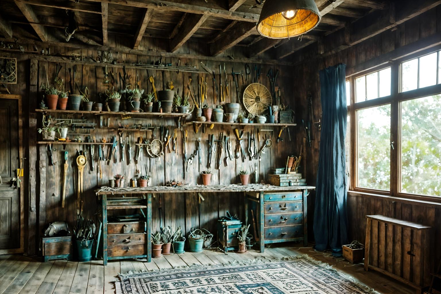 boho-chic-style (workshop interior) with tool wall and messy and wooden workbench and tool wall. . . cinematic photo, highly detailed, cinematic lighting, ultra-detailed, ultrarealistic, photorealism, 8k. boho-chic interior design style. masterpiece, cinematic light, ultrarealistic+, photorealistic+, 8k, raw photo, realistic, sharp focus on eyes, (symmetrical eyes), (intact eyes), hyperrealistic, highest quality, best quality, , highly detailed, masterpiece, best quality, extremely detailed 8k wallpaper, masterpiece, best quality, ultra-detailed, best shadow, detailed background, detailed face, detailed eyes, high contrast, best illumination, detailed face, dulux, caustic, dynamic angle, detailed glow. dramatic lighting. highly detailed, insanely detailed hair, symmetrical, intricate details, professionally retouched, 8k high definition. strong bokeh. award winning photo.