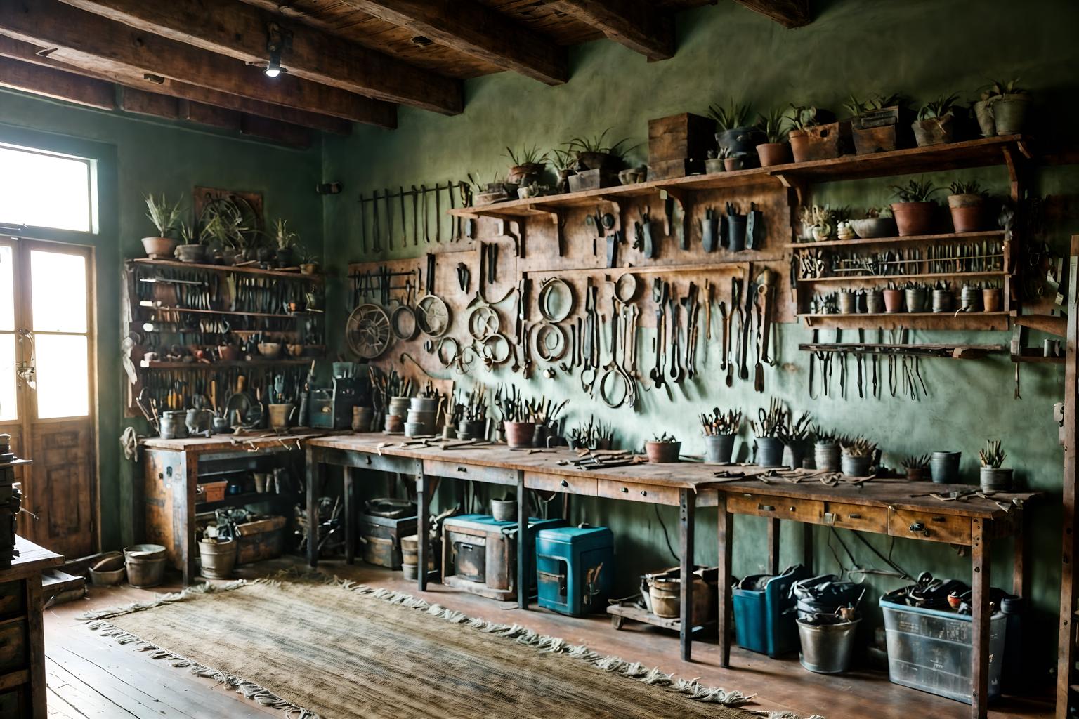 boho-chic-style (workshop interior) with tool wall and messy and wooden workbench and tool wall. . . cinematic photo, highly detailed, cinematic lighting, ultra-detailed, ultrarealistic, photorealism, 8k. boho-chic interior design style. masterpiece, cinematic light, ultrarealistic+, photorealistic+, 8k, raw photo, realistic, sharp focus on eyes, (symmetrical eyes), (intact eyes), hyperrealistic, highest quality, best quality, , highly detailed, masterpiece, best quality, extremely detailed 8k wallpaper, masterpiece, best quality, ultra-detailed, best shadow, detailed background, detailed face, detailed eyes, high contrast, best illumination, detailed face, dulux, caustic, dynamic angle, detailed glow. dramatic lighting. highly detailed, insanely detailed hair, symmetrical, intricate details, professionally retouched, 8k high definition. strong bokeh. award winning photo.