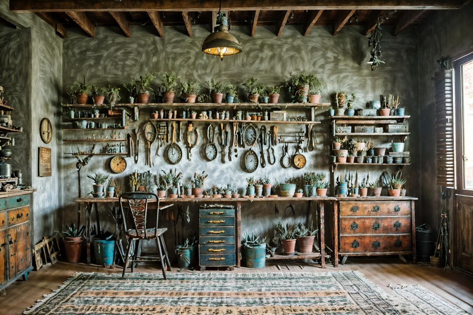 boho-chic-style (workshop interior) with tool wall and messy and wooden workbench and tool wall. . . cinematic photo, highly detailed, cinematic lighting, ultra-detailed, ultrarealistic, photorealism, 8k. boho-chic interior design style. masterpiece, cinematic light, ultrarealistic+, photorealistic+, 8k, raw photo, realistic, sharp focus on eyes, (symmetrical eyes), (intact eyes), hyperrealistic, highest quality, best quality, , highly detailed, masterpiece, best quality, extremely detailed 8k wallpaper, masterpiece, best quality, ultra-detailed, best shadow, detailed background, detailed face, detailed eyes, high contrast, best illumination, detailed face, dulux, caustic, dynamic angle, detailed glow. dramatic lighting. highly detailed, insanely detailed hair, symmetrical, intricate details, professionally retouched, 8k high definition. strong bokeh. award winning photo.