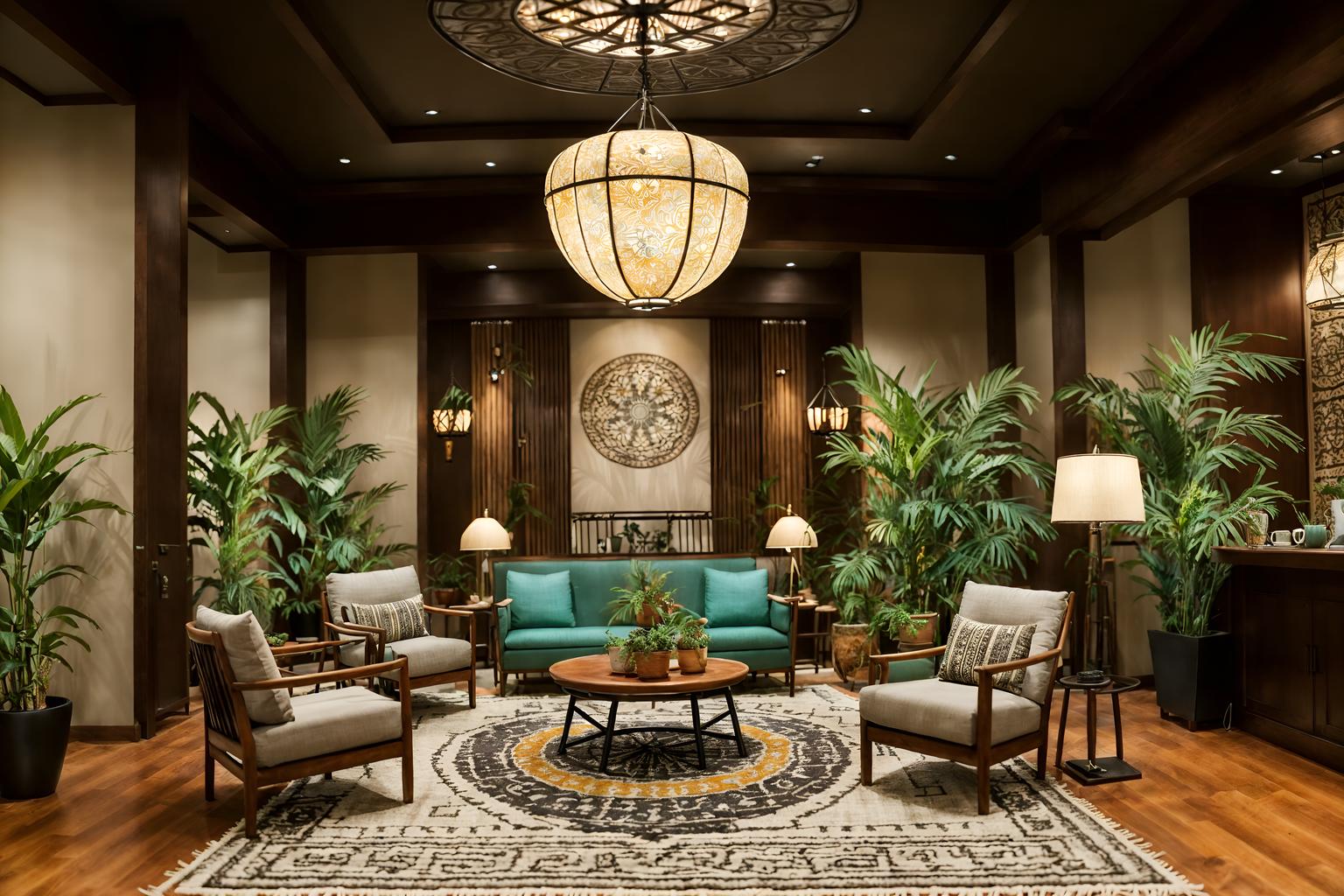 boho-chic-style (hotel lobby interior) with lounge chairs and check in desk and hanging lamps and furniture and coffee tables and sofas and rug and plant. . . cinematic photo, highly detailed, cinematic lighting, ultra-detailed, ultrarealistic, photorealism, 8k. boho-chic interior design style. masterpiece, cinematic light, ultrarealistic+, photorealistic+, 8k, raw photo, realistic, sharp focus on eyes, (symmetrical eyes), (intact eyes), hyperrealistic, highest quality, best quality, , highly detailed, masterpiece, best quality, extremely detailed 8k wallpaper, masterpiece, best quality, ultra-detailed, best shadow, detailed background, detailed face, detailed eyes, high contrast, best illumination, detailed face, dulux, caustic, dynamic angle, detailed glow. dramatic lighting. highly detailed, insanely detailed hair, symmetrical, intricate details, professionally retouched, 8k high definition. strong bokeh. award winning photo.