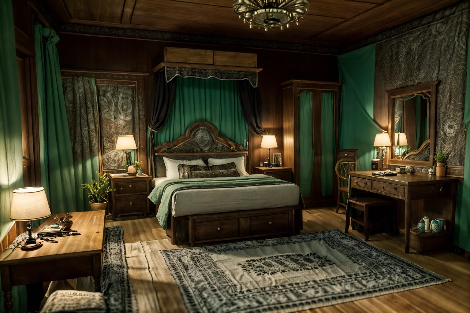 boho-chic-style (hotel room interior) with bed and hotel bathroom and working desk with desk chair and bedside table or night stand and night light and headboard and mirror and storage bench or ottoman. . . cinematic photo, highly detailed, cinematic lighting, ultra-detailed, ultrarealistic, photorealism, 8k. boho-chic interior design style. masterpiece, cinematic light, ultrarealistic+, photorealistic+, 8k, raw photo, realistic, sharp focus on eyes, (symmetrical eyes), (intact eyes), hyperrealistic, highest quality, best quality, , highly detailed, masterpiece, best quality, extremely detailed 8k wallpaper, masterpiece, best quality, ultra-detailed, best shadow, detailed background, detailed face, detailed eyes, high contrast, best illumination, detailed face, dulux, caustic, dynamic angle, detailed glow. dramatic lighting. highly detailed, insanely detailed hair, symmetrical, intricate details, professionally retouched, 8k high definition. strong bokeh. award winning photo.