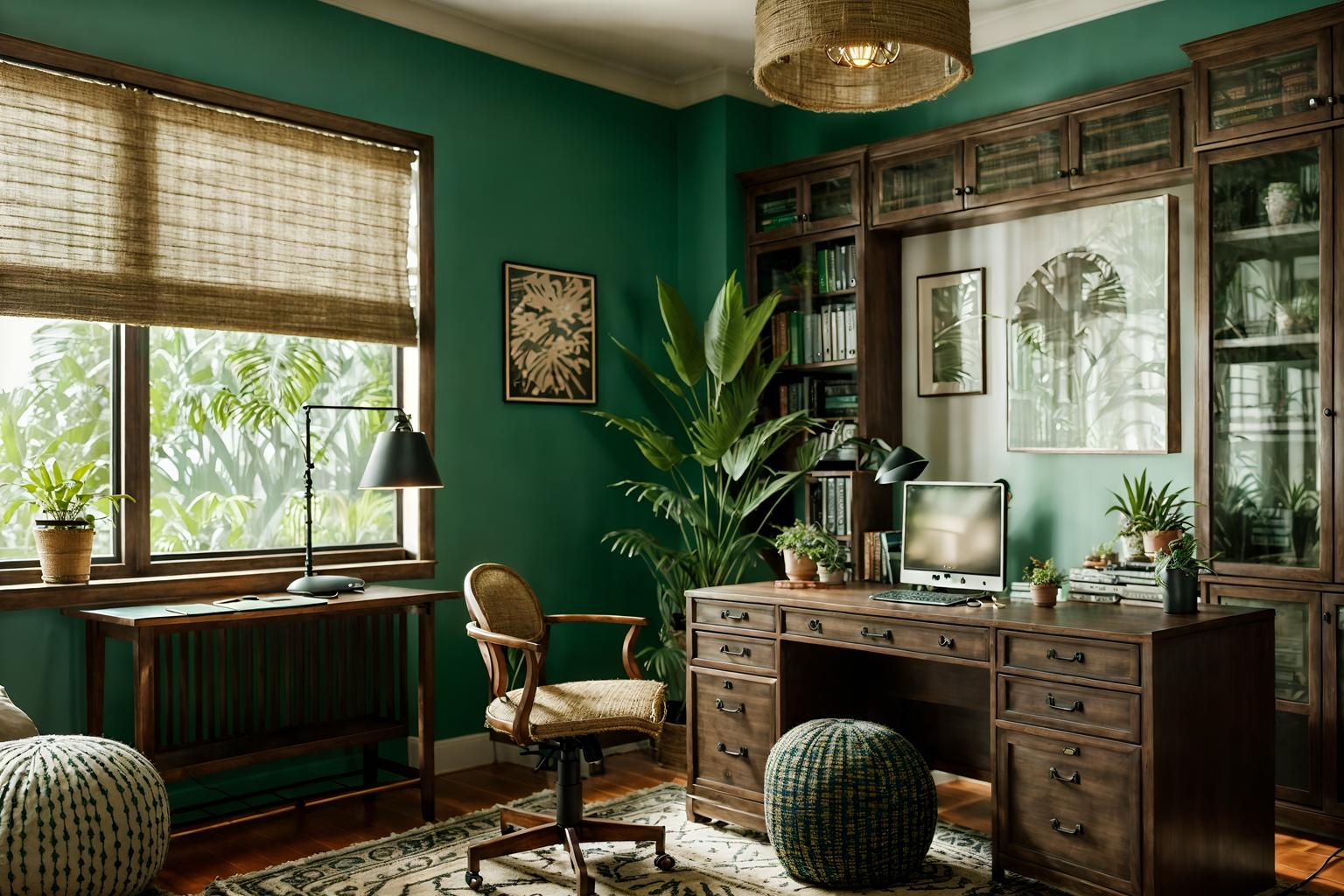 boho-chic-style (home office interior) with cabinets and office chair and plant and computer desk and desk lamp and cabinets. . . cinematic photo, highly detailed, cinematic lighting, ultra-detailed, ultrarealistic, photorealism, 8k. boho-chic interior design style. masterpiece, cinematic light, ultrarealistic+, photorealistic+, 8k, raw photo, realistic, sharp focus on eyes, (symmetrical eyes), (intact eyes), hyperrealistic, highest quality, best quality, , highly detailed, masterpiece, best quality, extremely detailed 8k wallpaper, masterpiece, best quality, ultra-detailed, best shadow, detailed background, detailed face, detailed eyes, high contrast, best illumination, detailed face, dulux, caustic, dynamic angle, detailed glow. dramatic lighting. highly detailed, insanely detailed hair, symmetrical, intricate details, professionally retouched, 8k high definition. strong bokeh. award winning photo.