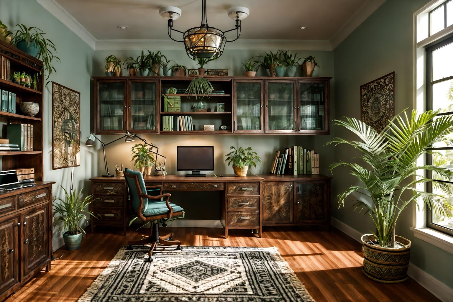 boho-chic-style (home office interior) with cabinets and office chair and plant and computer desk and desk lamp and cabinets. . . cinematic photo, highly detailed, cinematic lighting, ultra-detailed, ultrarealistic, photorealism, 8k. boho-chic interior design style. masterpiece, cinematic light, ultrarealistic+, photorealistic+, 8k, raw photo, realistic, sharp focus on eyes, (symmetrical eyes), (intact eyes), hyperrealistic, highest quality, best quality, , highly detailed, masterpiece, best quality, extremely detailed 8k wallpaper, masterpiece, best quality, ultra-detailed, best shadow, detailed background, detailed face, detailed eyes, high contrast, best illumination, detailed face, dulux, caustic, dynamic angle, detailed glow. dramatic lighting. highly detailed, insanely detailed hair, symmetrical, intricate details, professionally retouched, 8k high definition. strong bokeh. award winning photo.