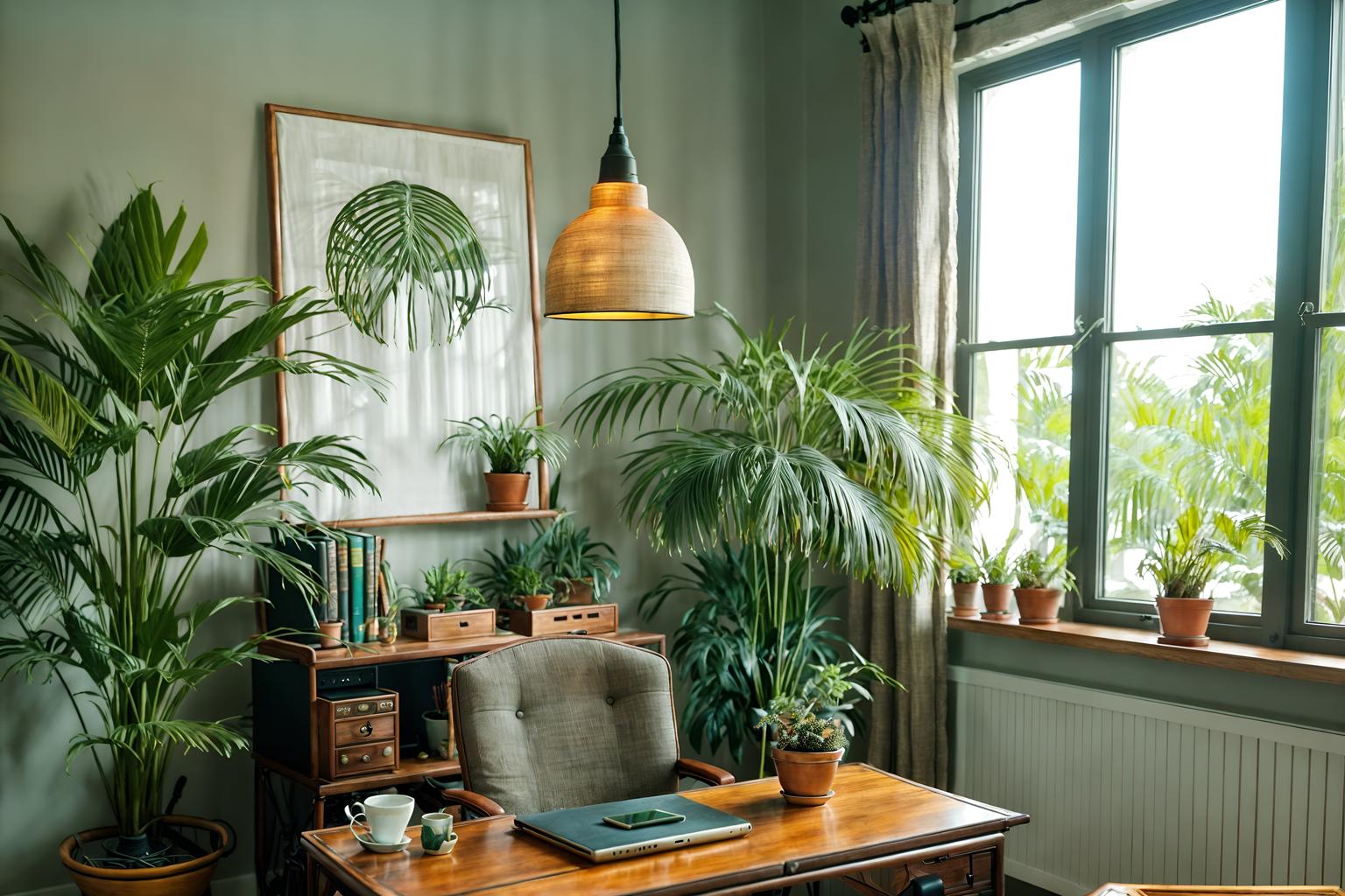 boho-chic-style (home office interior) with cabinets and office chair and plant and computer desk and desk lamp and cabinets. . . cinematic photo, highly detailed, cinematic lighting, ultra-detailed, ultrarealistic, photorealism, 8k. boho-chic interior design style. masterpiece, cinematic light, ultrarealistic+, photorealistic+, 8k, raw photo, realistic, sharp focus on eyes, (symmetrical eyes), (intact eyes), hyperrealistic, highest quality, best quality, , highly detailed, masterpiece, best quality, extremely detailed 8k wallpaper, masterpiece, best quality, ultra-detailed, best shadow, detailed background, detailed face, detailed eyes, high contrast, best illumination, detailed face, dulux, caustic, dynamic angle, detailed glow. dramatic lighting. highly detailed, insanely detailed hair, symmetrical, intricate details, professionally retouched, 8k high definition. strong bokeh. award winning photo.