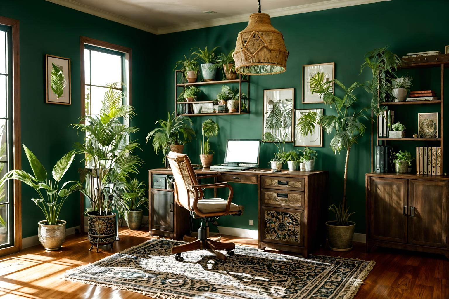 boho-chic-style (home office interior) with cabinets and office chair and plant and computer desk and desk lamp and cabinets. . . cinematic photo, highly detailed, cinematic lighting, ultra-detailed, ultrarealistic, photorealism, 8k. boho-chic interior design style. masterpiece, cinematic light, ultrarealistic+, photorealistic+, 8k, raw photo, realistic, sharp focus on eyes, (symmetrical eyes), (intact eyes), hyperrealistic, highest quality, best quality, , highly detailed, masterpiece, best quality, extremely detailed 8k wallpaper, masterpiece, best quality, ultra-detailed, best shadow, detailed background, detailed face, detailed eyes, high contrast, best illumination, detailed face, dulux, caustic, dynamic angle, detailed glow. dramatic lighting. highly detailed, insanely detailed hair, symmetrical, intricate details, professionally retouched, 8k high definition. strong bokeh. award winning photo.