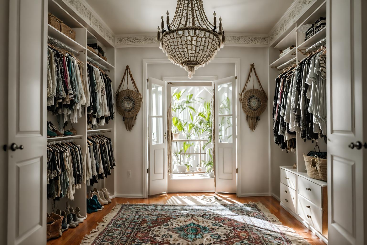 boho-chic-style (walk in closet interior) . . cinematic photo, highly detailed, cinematic lighting, ultra-detailed, ultrarealistic, photorealism, 8k. boho-chic interior design style. masterpiece, cinematic light, ultrarealistic+, photorealistic+, 8k, raw photo, realistic, sharp focus on eyes, (symmetrical eyes), (intact eyes), hyperrealistic, highest quality, best quality, , highly detailed, masterpiece, best quality, extremely detailed 8k wallpaper, masterpiece, best quality, ultra-detailed, best shadow, detailed background, detailed face, detailed eyes, high contrast, best illumination, detailed face, dulux, caustic, dynamic angle, detailed glow. dramatic lighting. highly detailed, insanely detailed hair, symmetrical, intricate details, professionally retouched, 8k high definition. strong bokeh. award winning photo.