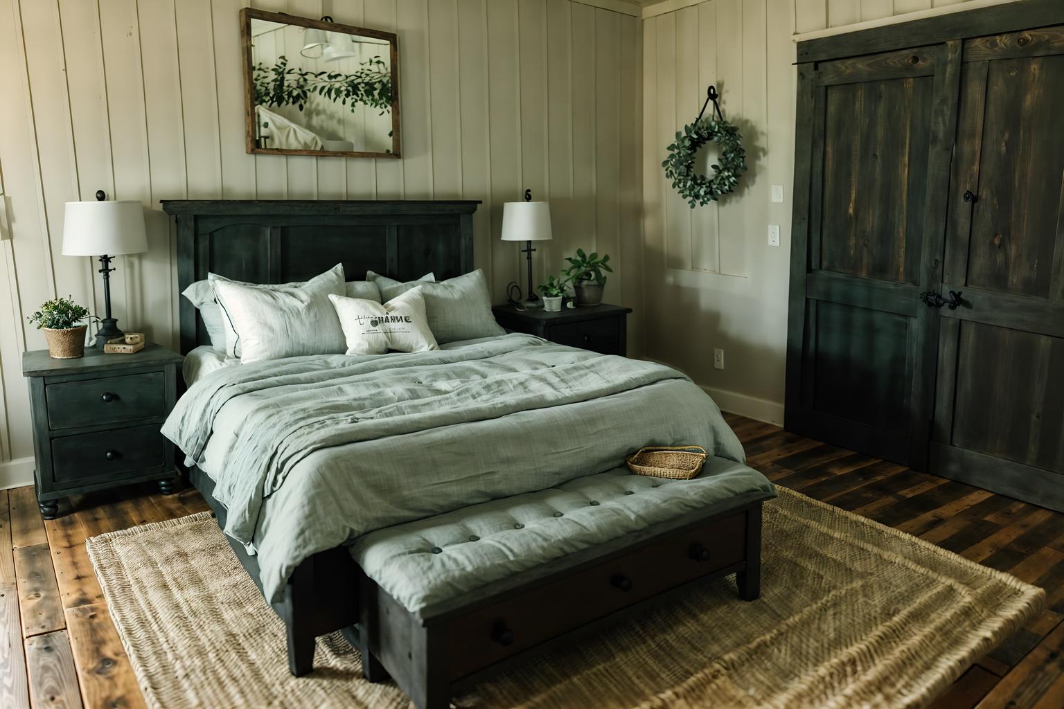 farmhouse-style (bedroom interior) with storage bench or ottoman and dresser closet and mirror and plant and headboard and bedside table or night stand and night light and bed. . with . . cinematic photo, highly detailed, cinematic lighting, ultra-detailed, ultrarealistic, photorealism, 8k. farmhouse interior design style. masterpiece, cinematic light, ultrarealistic+, photorealistic+, 8k, raw photo, realistic, sharp focus on eyes, (symmetrical eyes), (intact eyes), hyperrealistic, highest quality, best quality, , highly detailed, masterpiece, best quality, extremely detailed 8k wallpaper, masterpiece, best quality, ultra-detailed, best shadow, detailed background, detailed face, detailed eyes, high contrast, best illumination, detailed face, dulux, caustic, dynamic angle, detailed glow. dramatic lighting. highly detailed, insanely detailed hair, symmetrical, intricate details, professionally retouched, 8k high definition. strong bokeh. award winning photo.