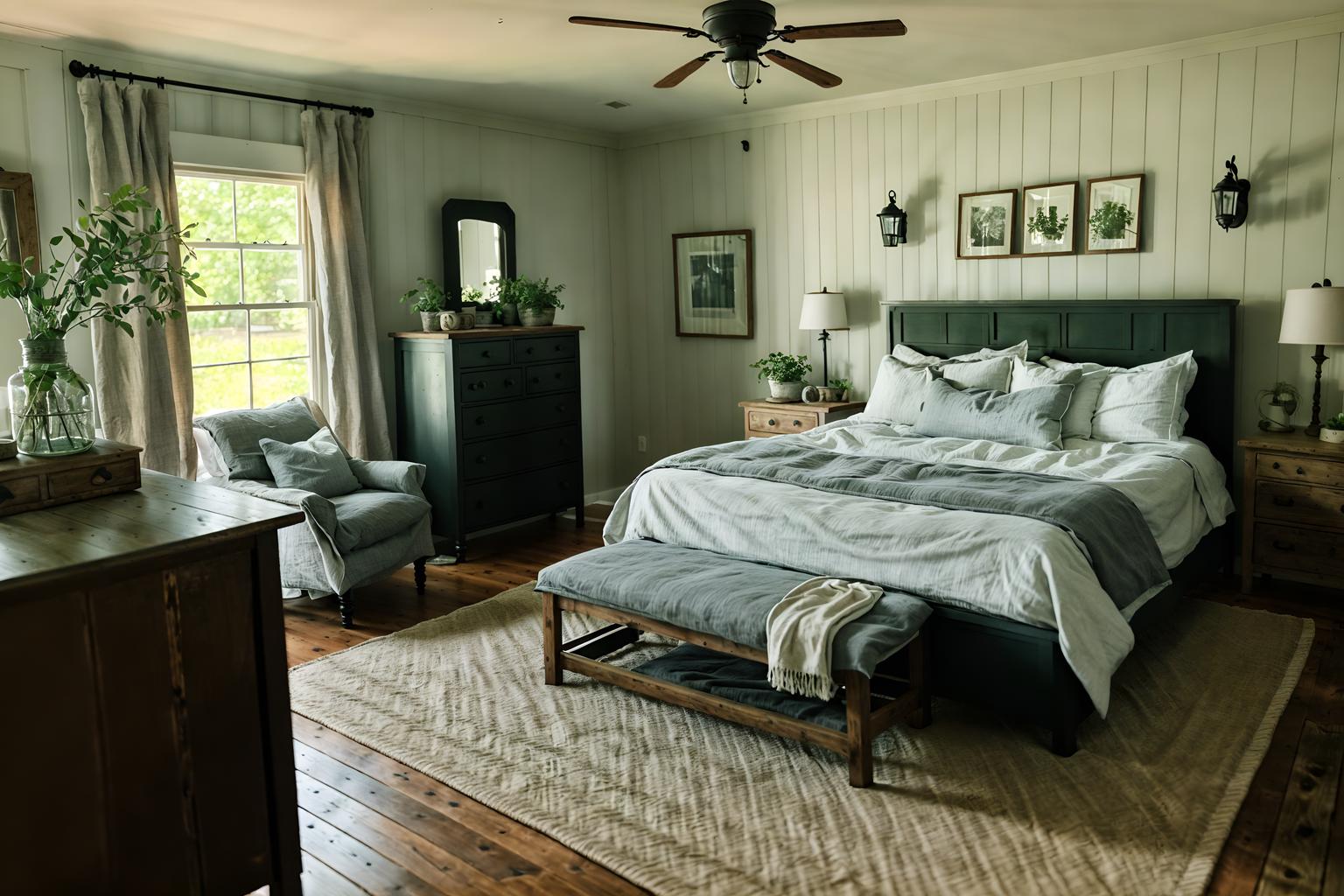 farmhouse-style (bedroom interior) with storage bench or ottoman and dresser closet and mirror and plant and headboard and bedside table or night stand and night light and bed. . with . . cinematic photo, highly detailed, cinematic lighting, ultra-detailed, ultrarealistic, photorealism, 8k. farmhouse interior design style. masterpiece, cinematic light, ultrarealistic+, photorealistic+, 8k, raw photo, realistic, sharp focus on eyes, (symmetrical eyes), (intact eyes), hyperrealistic, highest quality, best quality, , highly detailed, masterpiece, best quality, extremely detailed 8k wallpaper, masterpiece, best quality, ultra-detailed, best shadow, detailed background, detailed face, detailed eyes, high contrast, best illumination, detailed face, dulux, caustic, dynamic angle, detailed glow. dramatic lighting. highly detailed, insanely detailed hair, symmetrical, intricate details, professionally retouched, 8k high definition. strong bokeh. award winning photo.