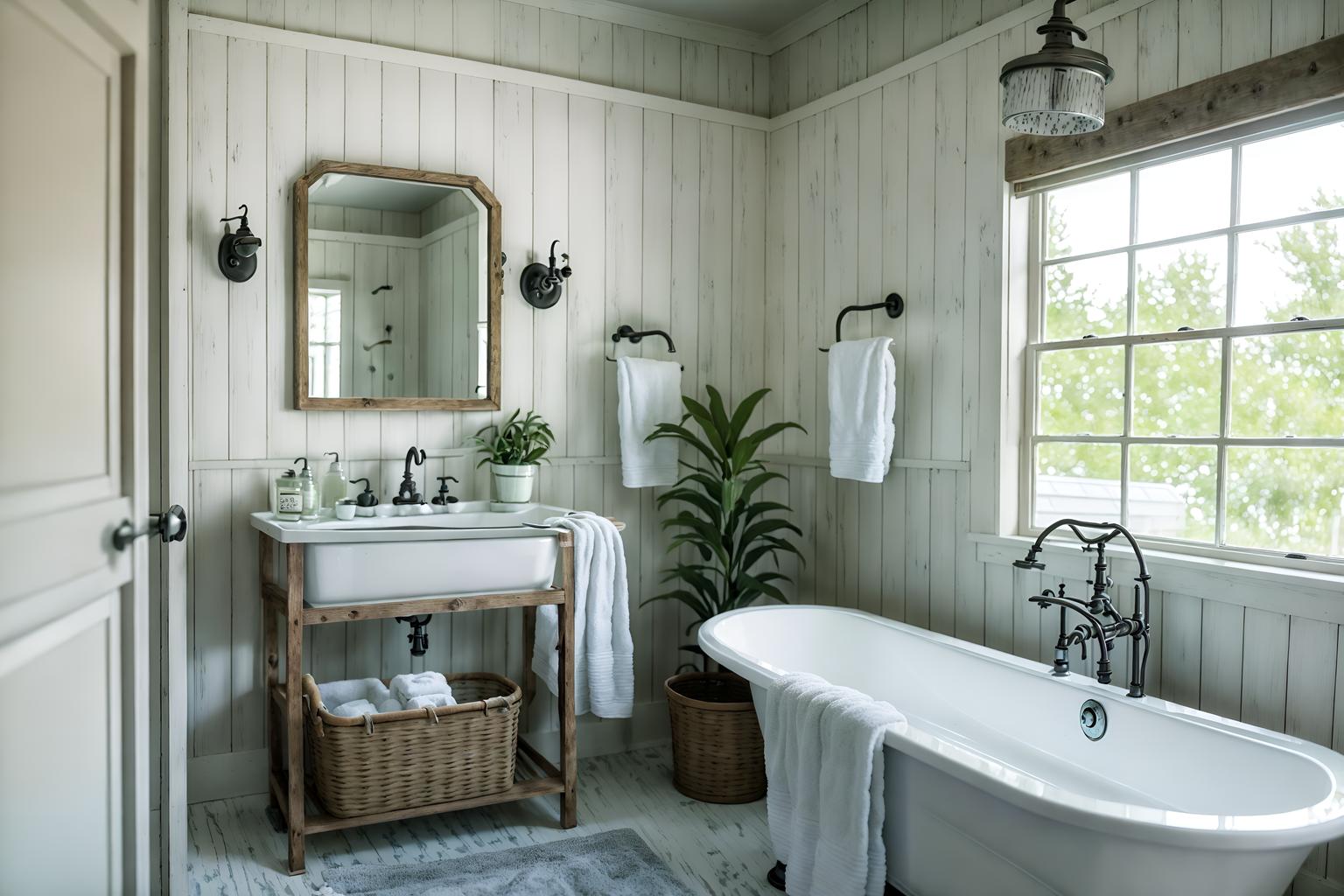 farmhouse-style (bathroom interior) with shower and waste basket and bath towel and bathroom sink with faucet and plant and mirror and bath rail and toilet seat. . with . . cinematic photo, highly detailed, cinematic lighting, ultra-detailed, ultrarealistic, photorealism, 8k. farmhouse interior design style. masterpiece, cinematic light, ultrarealistic+, photorealistic+, 8k, raw photo, realistic, sharp focus on eyes, (symmetrical eyes), (intact eyes), hyperrealistic, highest quality, best quality, , highly detailed, masterpiece, best quality, extremely detailed 8k wallpaper, masterpiece, best quality, ultra-detailed, best shadow, detailed background, detailed face, detailed eyes, high contrast, best illumination, detailed face, dulux, caustic, dynamic angle, detailed glow. dramatic lighting. highly detailed, insanely detailed hair, symmetrical, intricate details, professionally retouched, 8k high definition. strong bokeh. award winning photo.