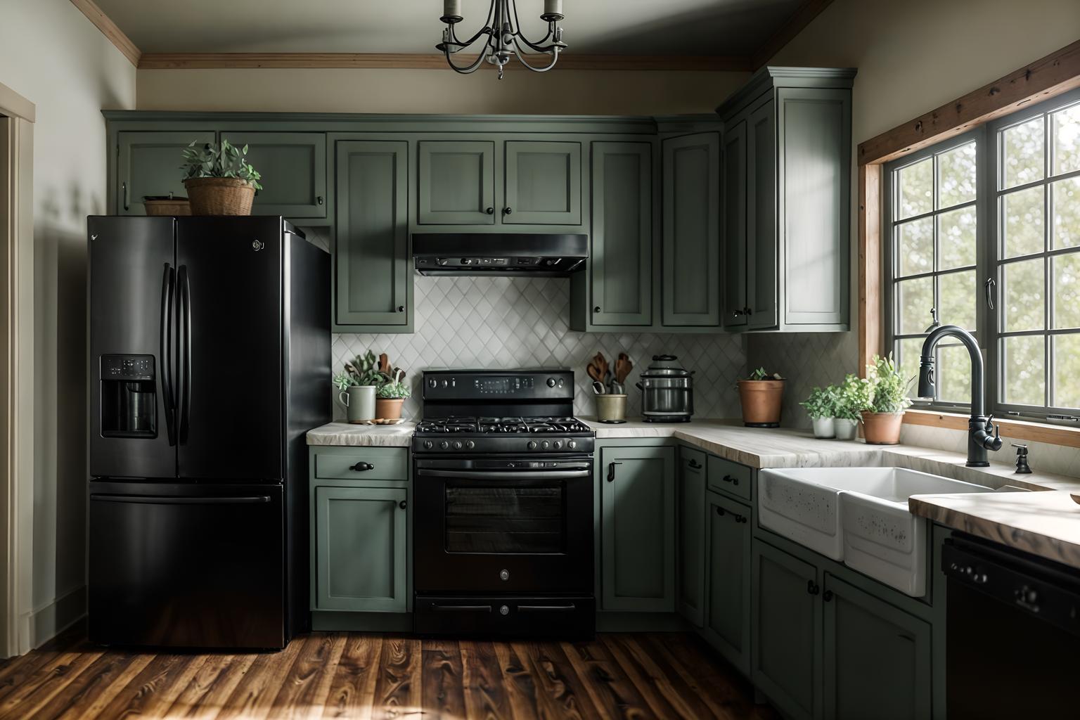 farmhouse-style (kitchen interior) with stove and refrigerator and sink and kitchen cabinets and worktops and plant and stove. . with . . cinematic photo, highly detailed, cinematic lighting, ultra-detailed, ultrarealistic, photorealism, 8k. farmhouse interior design style. masterpiece, cinematic light, ultrarealistic+, photorealistic+, 8k, raw photo, realistic, sharp focus on eyes, (symmetrical eyes), (intact eyes), hyperrealistic, highest quality, best quality, , highly detailed, masterpiece, best quality, extremely detailed 8k wallpaper, masterpiece, best quality, ultra-detailed, best shadow, detailed background, detailed face, detailed eyes, high contrast, best illumination, detailed face, dulux, caustic, dynamic angle, detailed glow. dramatic lighting. highly detailed, insanely detailed hair, symmetrical, intricate details, professionally retouched, 8k high definition. strong bokeh. award winning photo.