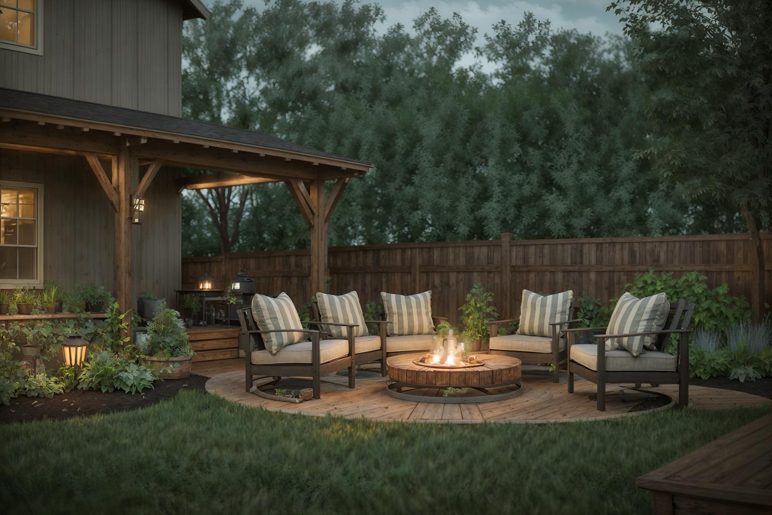 farmhouse-style designed (outdoor patio ) with plant and grass and barbeque or grill and deck with deck chairs and patio couch with pillows and plant. . with . . cinematic photo, highly detailed, cinematic lighting, ultra-detailed, ultrarealistic, photorealism, 8k. farmhouse design style. masterpiece, cinematic light, ultrarealistic+, photorealistic+, 8k, raw photo, realistic, sharp focus on eyes, (symmetrical eyes), (intact eyes), hyperrealistic, highest quality, best quality, , highly detailed, masterpiece, best quality, extremely detailed 8k wallpaper, masterpiece, best quality, ultra-detailed, best shadow, detailed background, detailed face, detailed eyes, high contrast, best illumination, detailed face, dulux, caustic, dynamic angle, detailed glow. dramatic lighting. highly detailed, insanely detailed hair, symmetrical, intricate details, professionally retouched, 8k high definition. strong bokeh. award winning photo.