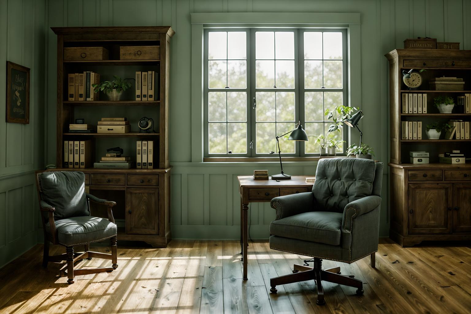 farmhouse-style (study room interior) with office chair and cabinets and lounge chair and bookshelves and desk lamp and plant and writing desk and office chair. . with . . cinematic photo, highly detailed, cinematic lighting, ultra-detailed, ultrarealistic, photorealism, 8k. farmhouse interior design style. masterpiece, cinematic light, ultrarealistic+, photorealistic+, 8k, raw photo, realistic, sharp focus on eyes, (symmetrical eyes), (intact eyes), hyperrealistic, highest quality, best quality, , highly detailed, masterpiece, best quality, extremely detailed 8k wallpaper, masterpiece, best quality, ultra-detailed, best shadow, detailed background, detailed face, detailed eyes, high contrast, best illumination, detailed face, dulux, caustic, dynamic angle, detailed glow. dramatic lighting. highly detailed, insanely detailed hair, symmetrical, intricate details, professionally retouched, 8k high definition. strong bokeh. award winning photo.