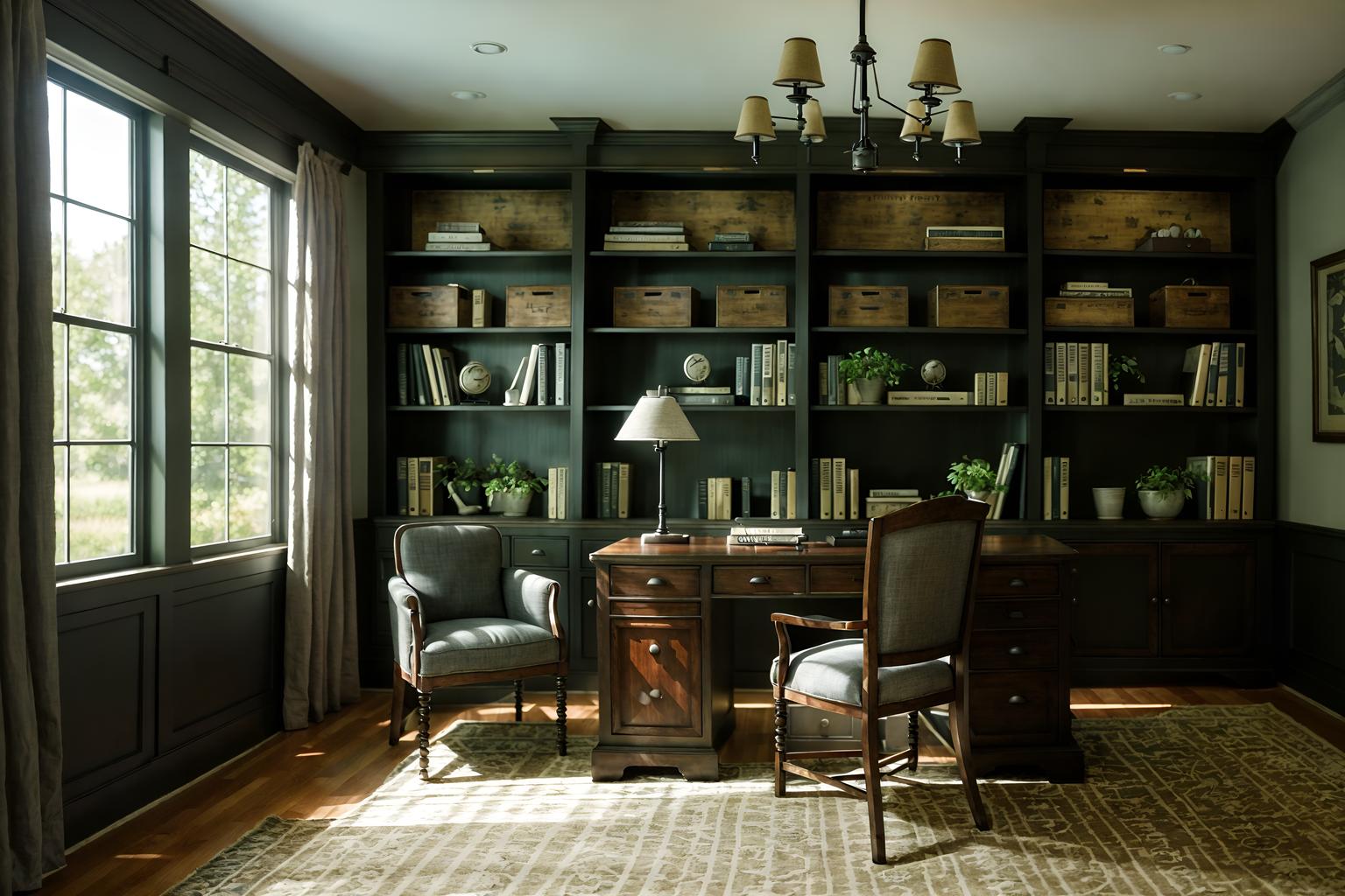 farmhouse-style (study room interior) with office chair and cabinets and lounge chair and bookshelves and desk lamp and plant and writing desk and office chair. . with . . cinematic photo, highly detailed, cinematic lighting, ultra-detailed, ultrarealistic, photorealism, 8k. farmhouse interior design style. masterpiece, cinematic light, ultrarealistic+, photorealistic+, 8k, raw photo, realistic, sharp focus on eyes, (symmetrical eyes), (intact eyes), hyperrealistic, highest quality, best quality, , highly detailed, masterpiece, best quality, extremely detailed 8k wallpaper, masterpiece, best quality, ultra-detailed, best shadow, detailed background, detailed face, detailed eyes, high contrast, best illumination, detailed face, dulux, caustic, dynamic angle, detailed glow. dramatic lighting. highly detailed, insanely detailed hair, symmetrical, intricate details, professionally retouched, 8k high definition. strong bokeh. award winning photo.