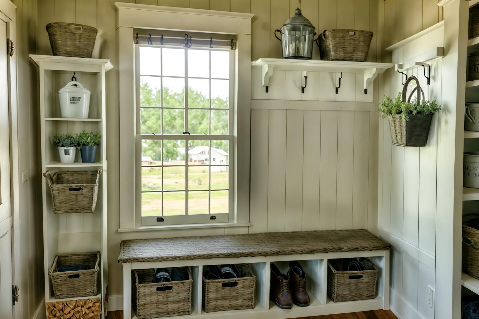 farmhouse-style (mudroom interior) with storage baskets and wall hooks for coats and shelves for shoes and cubbies and cabinets and high up storage and a bench and storage drawers. . with . . cinematic photo, highly detailed, cinematic lighting, ultra-detailed, ultrarealistic, photorealism, 8k. farmhouse interior design style. masterpiece, cinematic light, ultrarealistic+, photorealistic+, 8k, raw photo, realistic, sharp focus on eyes, (symmetrical eyes), (intact eyes), hyperrealistic, highest quality, best quality, , highly detailed, masterpiece, best quality, extremely detailed 8k wallpaper, masterpiece, best quality, ultra-detailed, best shadow, detailed background, detailed face, detailed eyes, high contrast, best illumination, detailed face, dulux, caustic, dynamic angle, detailed glow. dramatic lighting. highly detailed, insanely detailed hair, symmetrical, intricate details, professionally retouched, 8k high definition. strong bokeh. award winning photo.