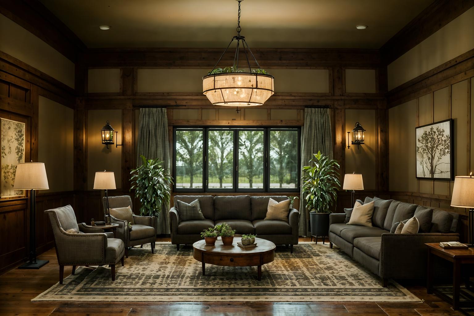 farmhouse-style (hotel lobby interior) with rug and furniture and coffee tables and plant and check in desk and hanging lamps and sofas and lounge chairs. . with . . cinematic photo, highly detailed, cinematic lighting, ultra-detailed, ultrarealistic, photorealism, 8k. farmhouse interior design style. masterpiece, cinematic light, ultrarealistic+, photorealistic+, 8k, raw photo, realistic, sharp focus on eyes, (symmetrical eyes), (intact eyes), hyperrealistic, highest quality, best quality, , highly detailed, masterpiece, best quality, extremely detailed 8k wallpaper, masterpiece, best quality, ultra-detailed, best shadow, detailed background, detailed face, detailed eyes, high contrast, best illumination, detailed face, dulux, caustic, dynamic angle, detailed glow. dramatic lighting. highly detailed, insanely detailed hair, symmetrical, intricate details, professionally retouched, 8k high definition. strong bokeh. award winning photo.