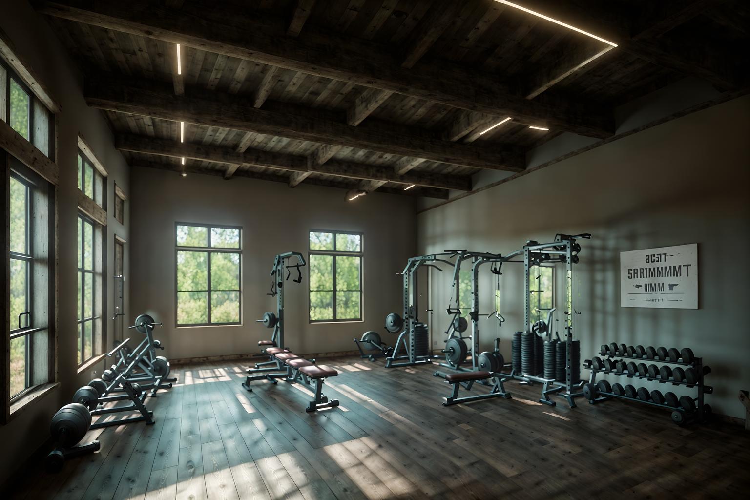 farmhouse-style (fitness gym interior) with crosstrainer and bench press and dumbbell stand and squat rack and exercise bicycle and crosstrainer. . with . . cinematic photo, highly detailed, cinematic lighting, ultra-detailed, ultrarealistic, photorealism, 8k. farmhouse interior design style. masterpiece, cinematic light, ultrarealistic+, photorealistic+, 8k, raw photo, realistic, sharp focus on eyes, (symmetrical eyes), (intact eyes), hyperrealistic, highest quality, best quality, , highly detailed, masterpiece, best quality, extremely detailed 8k wallpaper, masterpiece, best quality, ultra-detailed, best shadow, detailed background, detailed face, detailed eyes, high contrast, best illumination, detailed face, dulux, caustic, dynamic angle, detailed glow. dramatic lighting. highly detailed, insanely detailed hair, symmetrical, intricate details, professionally retouched, 8k high definition. strong bokeh. award winning photo.