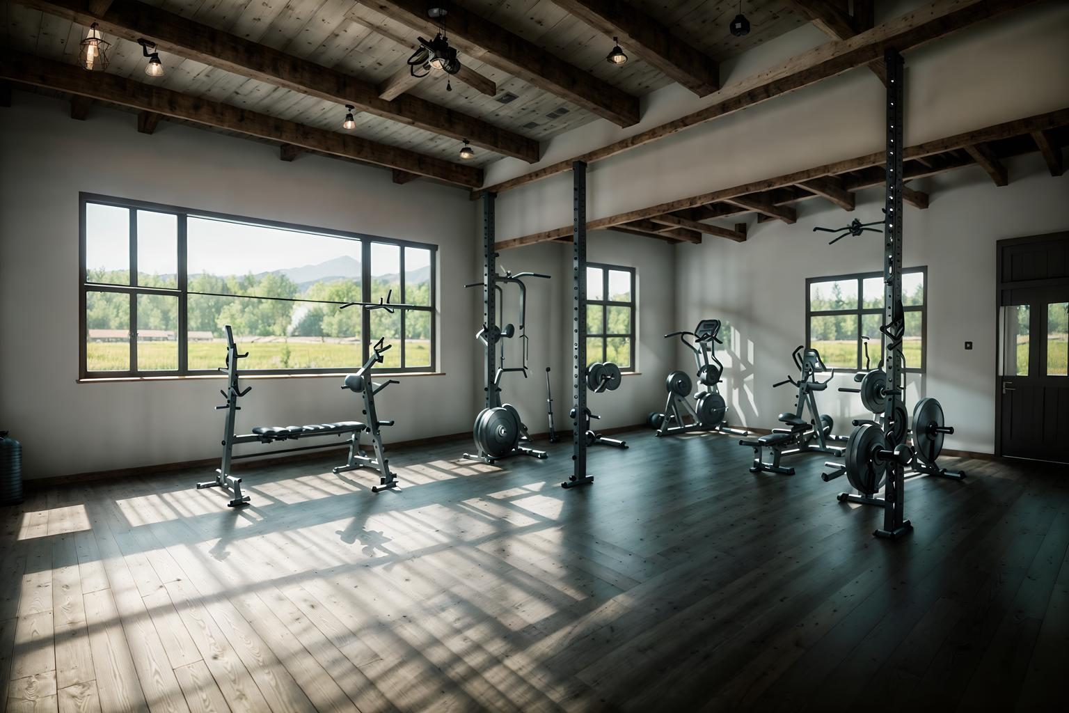 farmhouse-style (fitness gym interior) with crosstrainer and bench press and dumbbell stand and squat rack and exercise bicycle and crosstrainer. . with . . cinematic photo, highly detailed, cinematic lighting, ultra-detailed, ultrarealistic, photorealism, 8k. farmhouse interior design style. masterpiece, cinematic light, ultrarealistic+, photorealistic+, 8k, raw photo, realistic, sharp focus on eyes, (symmetrical eyes), (intact eyes), hyperrealistic, highest quality, best quality, , highly detailed, masterpiece, best quality, extremely detailed 8k wallpaper, masterpiece, best quality, ultra-detailed, best shadow, detailed background, detailed face, detailed eyes, high contrast, best illumination, detailed face, dulux, caustic, dynamic angle, detailed glow. dramatic lighting. highly detailed, insanely detailed hair, symmetrical, intricate details, professionally retouched, 8k high definition. strong bokeh. award winning photo.