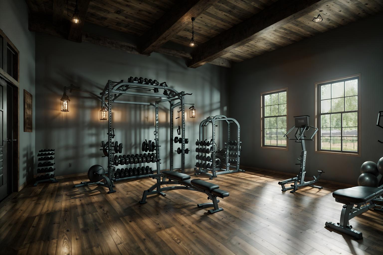 farmhouse-style (fitness gym interior) with crosstrainer and bench press and dumbbell stand and squat rack and exercise bicycle and crosstrainer. . with . . cinematic photo, highly detailed, cinematic lighting, ultra-detailed, ultrarealistic, photorealism, 8k. farmhouse interior design style. masterpiece, cinematic light, ultrarealistic+, photorealistic+, 8k, raw photo, realistic, sharp focus on eyes, (symmetrical eyes), (intact eyes), hyperrealistic, highest quality, best quality, , highly detailed, masterpiece, best quality, extremely detailed 8k wallpaper, masterpiece, best quality, ultra-detailed, best shadow, detailed background, detailed face, detailed eyes, high contrast, best illumination, detailed face, dulux, caustic, dynamic angle, detailed glow. dramatic lighting. highly detailed, insanely detailed hair, symmetrical, intricate details, professionally retouched, 8k high definition. strong bokeh. award winning photo.