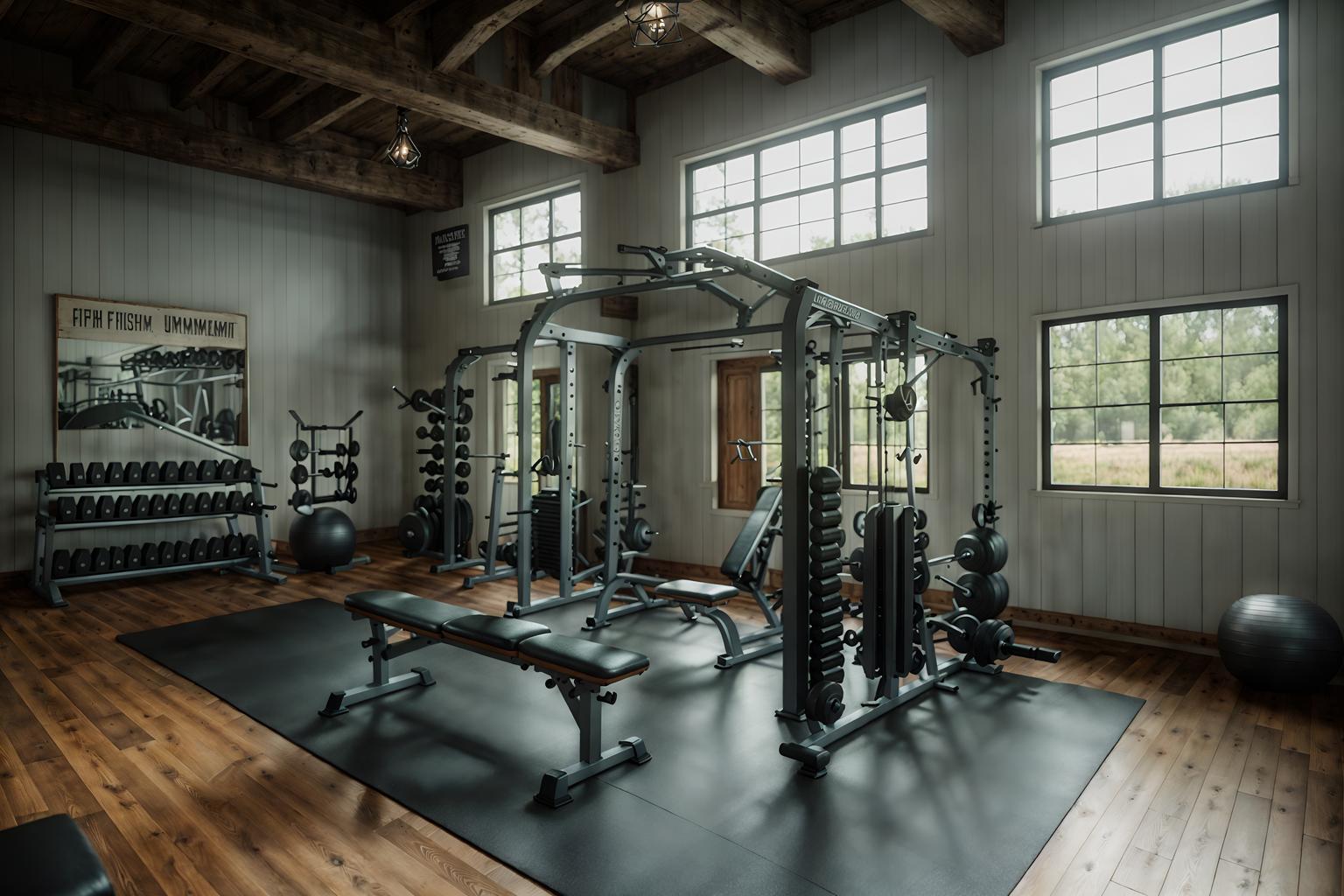 farmhouse-style (fitness gym interior) with crosstrainer and bench press and dumbbell stand and squat rack and exercise bicycle and crosstrainer. . with . . cinematic photo, highly detailed, cinematic lighting, ultra-detailed, ultrarealistic, photorealism, 8k. farmhouse interior design style. masterpiece, cinematic light, ultrarealistic+, photorealistic+, 8k, raw photo, realistic, sharp focus on eyes, (symmetrical eyes), (intact eyes), hyperrealistic, highest quality, best quality, , highly detailed, masterpiece, best quality, extremely detailed 8k wallpaper, masterpiece, best quality, ultra-detailed, best shadow, detailed background, detailed face, detailed eyes, high contrast, best illumination, detailed face, dulux, caustic, dynamic angle, detailed glow. dramatic lighting. highly detailed, insanely detailed hair, symmetrical, intricate details, professionally retouched, 8k high definition. strong bokeh. award winning photo.