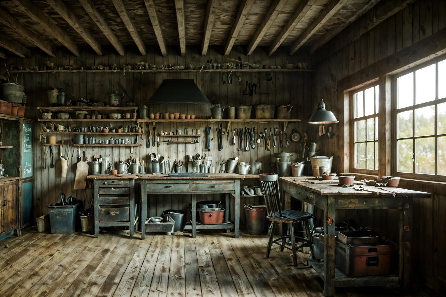 farmhouse-style (workshop interior) with messy and wooden workbench and tool wall and messy. . with . . cinematic photo, highly detailed, cinematic lighting, ultra-detailed, ultrarealistic, photorealism, 8k. farmhouse interior design style. masterpiece, cinematic light, ultrarealistic+, photorealistic+, 8k, raw photo, realistic, sharp focus on eyes, (symmetrical eyes), (intact eyes), hyperrealistic, highest quality, best quality, , highly detailed, masterpiece, best quality, extremely detailed 8k wallpaper, masterpiece, best quality, ultra-detailed, best shadow, detailed background, detailed face, detailed eyes, high contrast, best illumination, detailed face, dulux, caustic, dynamic angle, detailed glow. dramatic lighting. highly detailed, insanely detailed hair, symmetrical, intricate details, professionally retouched, 8k high definition. strong bokeh. award winning photo.