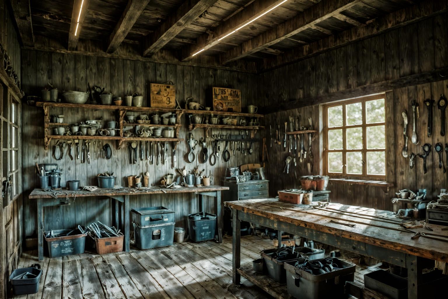 farmhouse-style (workshop interior) with messy and wooden workbench and tool wall and messy. . with . . cinematic photo, highly detailed, cinematic lighting, ultra-detailed, ultrarealistic, photorealism, 8k. farmhouse interior design style. masterpiece, cinematic light, ultrarealistic+, photorealistic+, 8k, raw photo, realistic, sharp focus on eyes, (symmetrical eyes), (intact eyes), hyperrealistic, highest quality, best quality, , highly detailed, masterpiece, best quality, extremely detailed 8k wallpaper, masterpiece, best quality, ultra-detailed, best shadow, detailed background, detailed face, detailed eyes, high contrast, best illumination, detailed face, dulux, caustic, dynamic angle, detailed glow. dramatic lighting. highly detailed, insanely detailed hair, symmetrical, intricate details, professionally retouched, 8k high definition. strong bokeh. award winning photo.