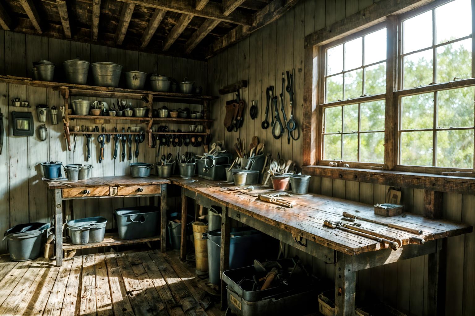 farmhouse-style (workshop interior) with messy and wooden workbench and tool wall and messy. . with . . cinematic photo, highly detailed, cinematic lighting, ultra-detailed, ultrarealistic, photorealism, 8k. farmhouse interior design style. masterpiece, cinematic light, ultrarealistic+, photorealistic+, 8k, raw photo, realistic, sharp focus on eyes, (symmetrical eyes), (intact eyes), hyperrealistic, highest quality, best quality, , highly detailed, masterpiece, best quality, extremely detailed 8k wallpaper, masterpiece, best quality, ultra-detailed, best shadow, detailed background, detailed face, detailed eyes, high contrast, best illumination, detailed face, dulux, caustic, dynamic angle, detailed glow. dramatic lighting. highly detailed, insanely detailed hair, symmetrical, intricate details, professionally retouched, 8k high definition. strong bokeh. award winning photo.