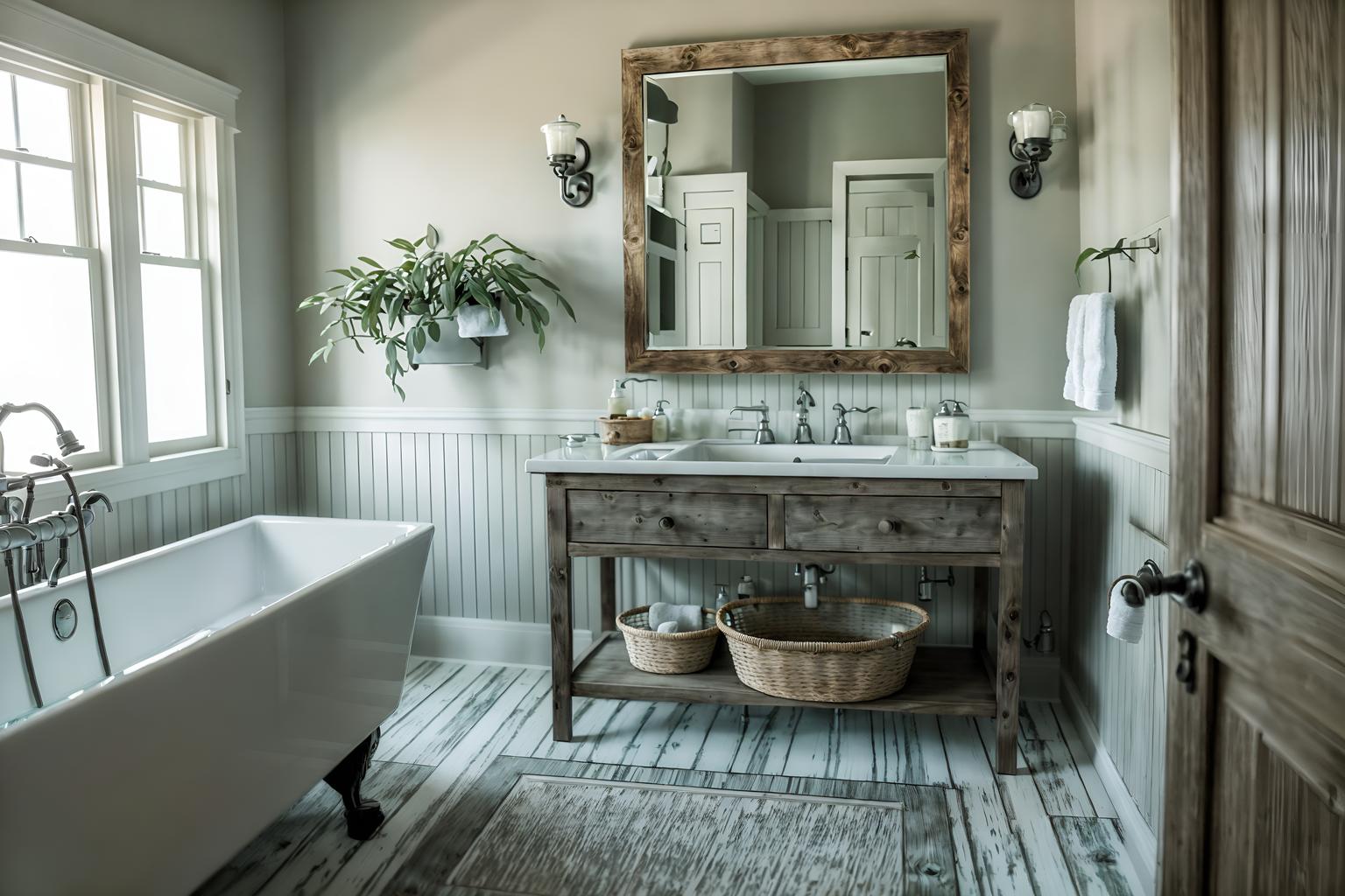 farmhouse-style (hotel bathroom interior) with bathroom cabinet and plant and mirror and bath rail and bathtub and bath towel and bathroom sink with faucet and waste basket. . with . . cinematic photo, highly detailed, cinematic lighting, ultra-detailed, ultrarealistic, photorealism, 8k. farmhouse interior design style. masterpiece, cinematic light, ultrarealistic+, photorealistic+, 8k, raw photo, realistic, sharp focus on eyes, (symmetrical eyes), (intact eyes), hyperrealistic, highest quality, best quality, , highly detailed, masterpiece, best quality, extremely detailed 8k wallpaper, masterpiece, best quality, ultra-detailed, best shadow, detailed background, detailed face, detailed eyes, high contrast, best illumination, detailed face, dulux, caustic, dynamic angle, detailed glow. dramatic lighting. highly detailed, insanely detailed hair, symmetrical, intricate details, professionally retouched, 8k high definition. strong bokeh. award winning photo.