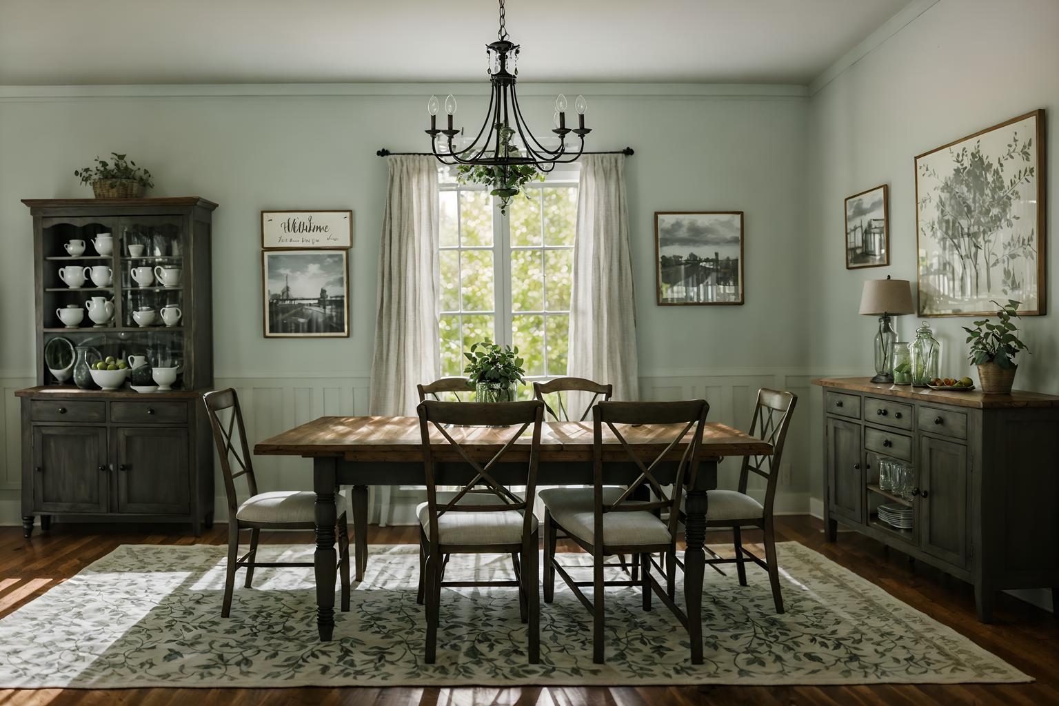 farmhouse-style (dining room interior) with painting or photo on wall and bookshelves and plant and plates, cutlery and glasses on dining table and dining table and light or chandelier and table cloth and vase. . with . . cinematic photo, highly detailed, cinematic lighting, ultra-detailed, ultrarealistic, photorealism, 8k. farmhouse interior design style. masterpiece, cinematic light, ultrarealistic+, photorealistic+, 8k, raw photo, realistic, sharp focus on eyes, (symmetrical eyes), (intact eyes), hyperrealistic, highest quality, best quality, , highly detailed, masterpiece, best quality, extremely detailed 8k wallpaper, masterpiece, best quality, ultra-detailed, best shadow, detailed background, detailed face, detailed eyes, high contrast, best illumination, detailed face, dulux, caustic, dynamic angle, detailed glow. dramatic lighting. highly detailed, insanely detailed hair, symmetrical, intricate details, professionally retouched, 8k high definition. strong bokeh. award winning photo.