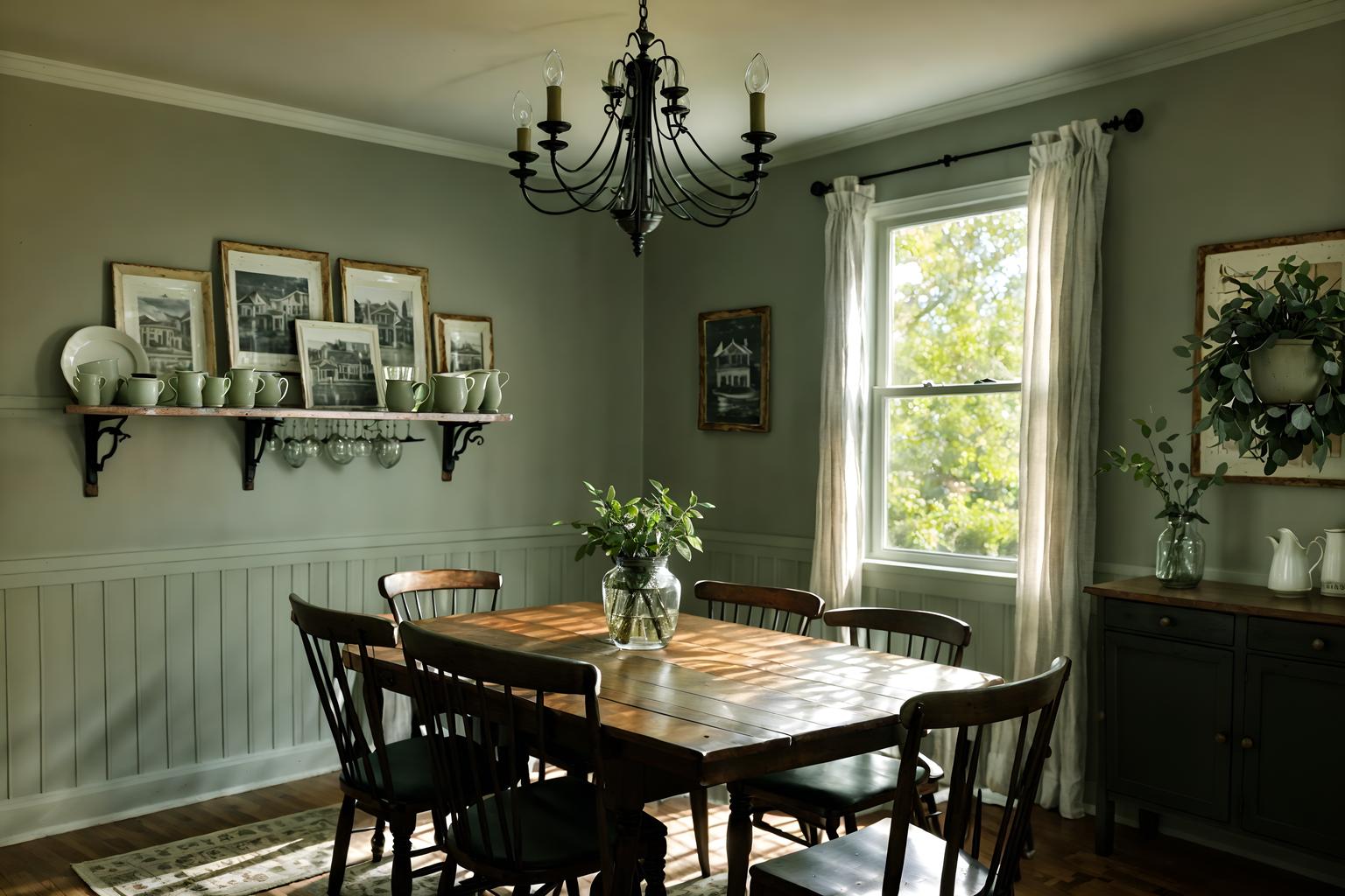 farmhouse-style (dining room interior) with painting or photo on wall and bookshelves and plant and plates, cutlery and glasses on dining table and dining table and light or chandelier and table cloth and vase. . with . . cinematic photo, highly detailed, cinematic lighting, ultra-detailed, ultrarealistic, photorealism, 8k. farmhouse interior design style. masterpiece, cinematic light, ultrarealistic+, photorealistic+, 8k, raw photo, realistic, sharp focus on eyes, (symmetrical eyes), (intact eyes), hyperrealistic, highest quality, best quality, , highly detailed, masterpiece, best quality, extremely detailed 8k wallpaper, masterpiece, best quality, ultra-detailed, best shadow, detailed background, detailed face, detailed eyes, high contrast, best illumination, detailed face, dulux, caustic, dynamic angle, detailed glow. dramatic lighting. highly detailed, insanely detailed hair, symmetrical, intricate details, professionally retouched, 8k high definition. strong bokeh. award winning photo.