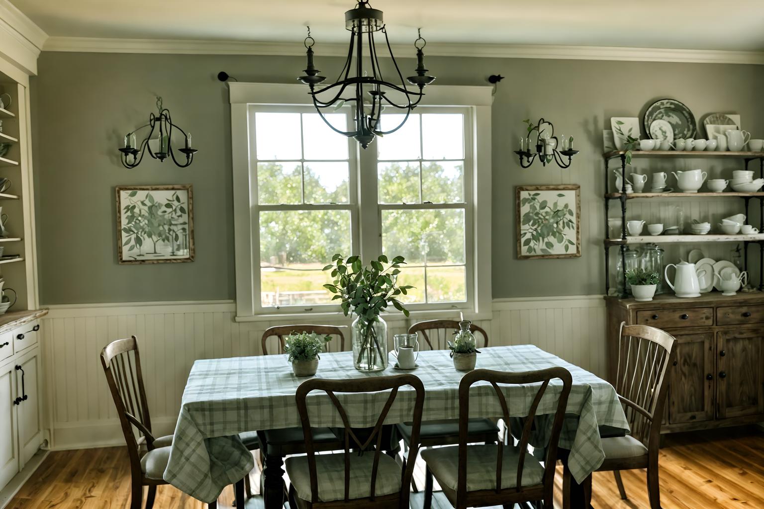 farmhouse-style (dining room interior) with painting or photo on wall and bookshelves and plant and plates, cutlery and glasses on dining table and dining table and light or chandelier and table cloth and vase. . with . . cinematic photo, highly detailed, cinematic lighting, ultra-detailed, ultrarealistic, photorealism, 8k. farmhouse interior design style. masterpiece, cinematic light, ultrarealistic+, photorealistic+, 8k, raw photo, realistic, sharp focus on eyes, (symmetrical eyes), (intact eyes), hyperrealistic, highest quality, best quality, , highly detailed, masterpiece, best quality, extremely detailed 8k wallpaper, masterpiece, best quality, ultra-detailed, best shadow, detailed background, detailed face, detailed eyes, high contrast, best illumination, detailed face, dulux, caustic, dynamic angle, detailed glow. dramatic lighting. highly detailed, insanely detailed hair, symmetrical, intricate details, professionally retouched, 8k high definition. strong bokeh. award winning photo.