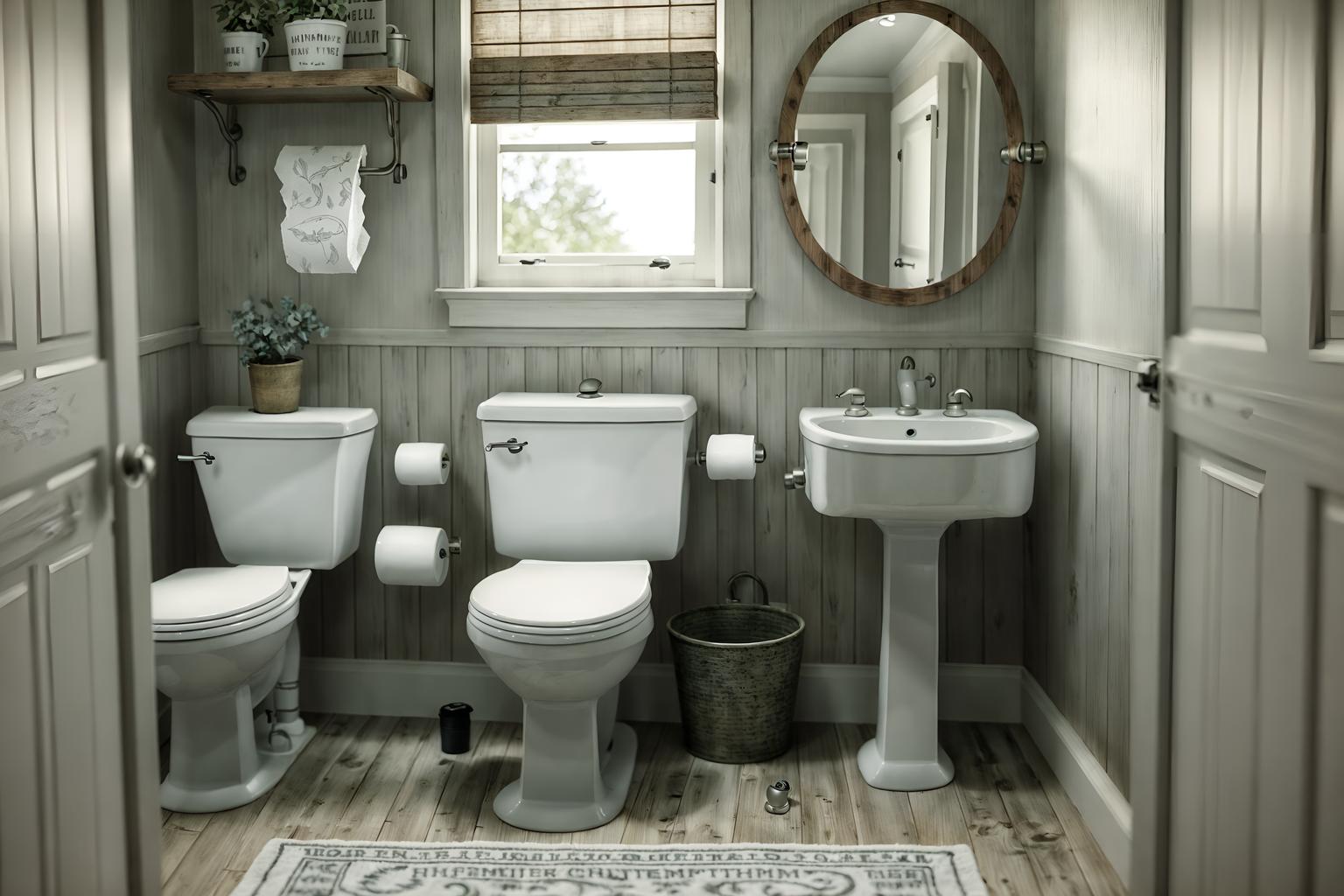 farmhouse-style (toilet interior) with toilet paper hanger and toilet with toilet seat up and sink with tap and toilet paper hanger. . with . . cinematic photo, highly detailed, cinematic lighting, ultra-detailed, ultrarealistic, photorealism, 8k. farmhouse interior design style. masterpiece, cinematic light, ultrarealistic+, photorealistic+, 8k, raw photo, realistic, sharp focus on eyes, (symmetrical eyes), (intact eyes), hyperrealistic, highest quality, best quality, , highly detailed, masterpiece, best quality, extremely detailed 8k wallpaper, masterpiece, best quality, ultra-detailed, best shadow, detailed background, detailed face, detailed eyes, high contrast, best illumination, detailed face, dulux, caustic, dynamic angle, detailed glow. dramatic lighting. highly detailed, insanely detailed hair, symmetrical, intricate details, professionally retouched, 8k high definition. strong bokeh. award winning photo.