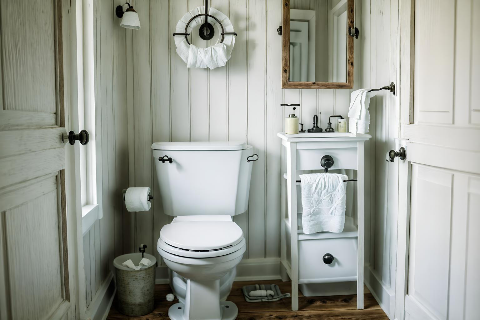 farmhouse-style (toilet interior) with toilet paper hanger and toilet with toilet seat up and sink with tap and toilet paper hanger. . with . . cinematic photo, highly detailed, cinematic lighting, ultra-detailed, ultrarealistic, photorealism, 8k. farmhouse interior design style. masterpiece, cinematic light, ultrarealistic+, photorealistic+, 8k, raw photo, realistic, sharp focus on eyes, (symmetrical eyes), (intact eyes), hyperrealistic, highest quality, best quality, , highly detailed, masterpiece, best quality, extremely detailed 8k wallpaper, masterpiece, best quality, ultra-detailed, best shadow, detailed background, detailed face, detailed eyes, high contrast, best illumination, detailed face, dulux, caustic, dynamic angle, detailed glow. dramatic lighting. highly detailed, insanely detailed hair, symmetrical, intricate details, professionally retouched, 8k high definition. strong bokeh. award winning photo.