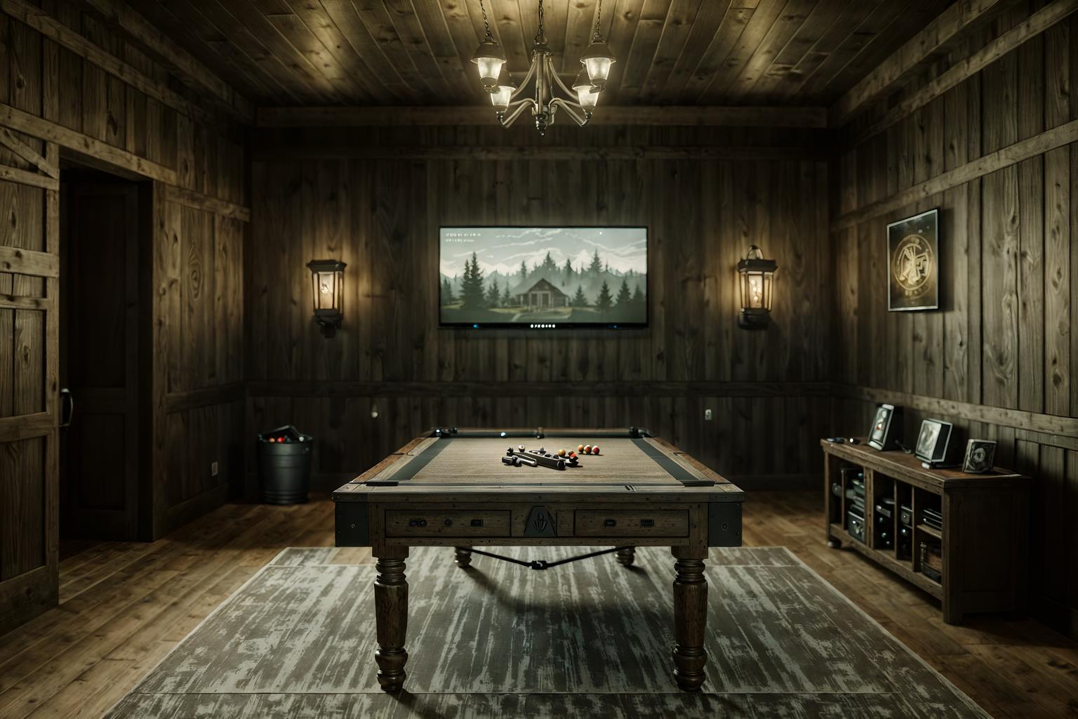 farmhouse-style (gaming room interior) . with . . cinematic photo, highly detailed, cinematic lighting, ultra-detailed, ultrarealistic, photorealism, 8k. farmhouse interior design style. masterpiece, cinematic light, ultrarealistic+, photorealistic+, 8k, raw photo, realistic, sharp focus on eyes, (symmetrical eyes), (intact eyes), hyperrealistic, highest quality, best quality, , highly detailed, masterpiece, best quality, extremely detailed 8k wallpaper, masterpiece, best quality, ultra-detailed, best shadow, detailed background, detailed face, detailed eyes, high contrast, best illumination, detailed face, dulux, caustic, dynamic angle, detailed glow. dramatic lighting. highly detailed, insanely detailed hair, symmetrical, intricate details, professionally retouched, 8k high definition. strong bokeh. award winning photo.