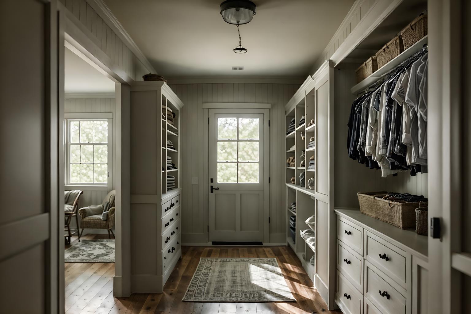 farmhouse-style (walk in closet interior) . with . . cinematic photo, highly detailed, cinematic lighting, ultra-detailed, ultrarealistic, photorealism, 8k. farmhouse interior design style. masterpiece, cinematic light, ultrarealistic+, photorealistic+, 8k, raw photo, realistic, sharp focus on eyes, (symmetrical eyes), (intact eyes), hyperrealistic, highest quality, best quality, , highly detailed, masterpiece, best quality, extremely detailed 8k wallpaper, masterpiece, best quality, ultra-detailed, best shadow, detailed background, detailed face, detailed eyes, high contrast, best illumination, detailed face, dulux, caustic, dynamic angle, detailed glow. dramatic lighting. highly detailed, insanely detailed hair, symmetrical, intricate details, professionally retouched, 8k high definition. strong bokeh. award winning photo.