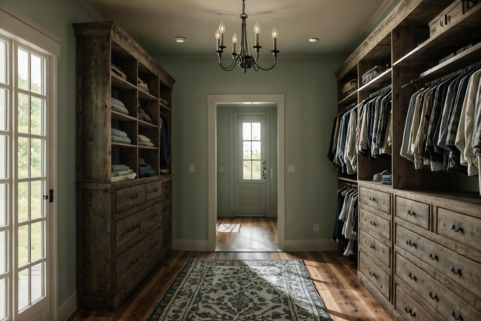 farmhouse-style (walk in closet interior) . with . . cinematic photo, highly detailed, cinematic lighting, ultra-detailed, ultrarealistic, photorealism, 8k. farmhouse interior design style. masterpiece, cinematic light, ultrarealistic+, photorealistic+, 8k, raw photo, realistic, sharp focus on eyes, (symmetrical eyes), (intact eyes), hyperrealistic, highest quality, best quality, , highly detailed, masterpiece, best quality, extremely detailed 8k wallpaper, masterpiece, best quality, ultra-detailed, best shadow, detailed background, detailed face, detailed eyes, high contrast, best illumination, detailed face, dulux, caustic, dynamic angle, detailed glow. dramatic lighting. highly detailed, insanely detailed hair, symmetrical, intricate details, professionally retouched, 8k high definition. strong bokeh. award winning photo.