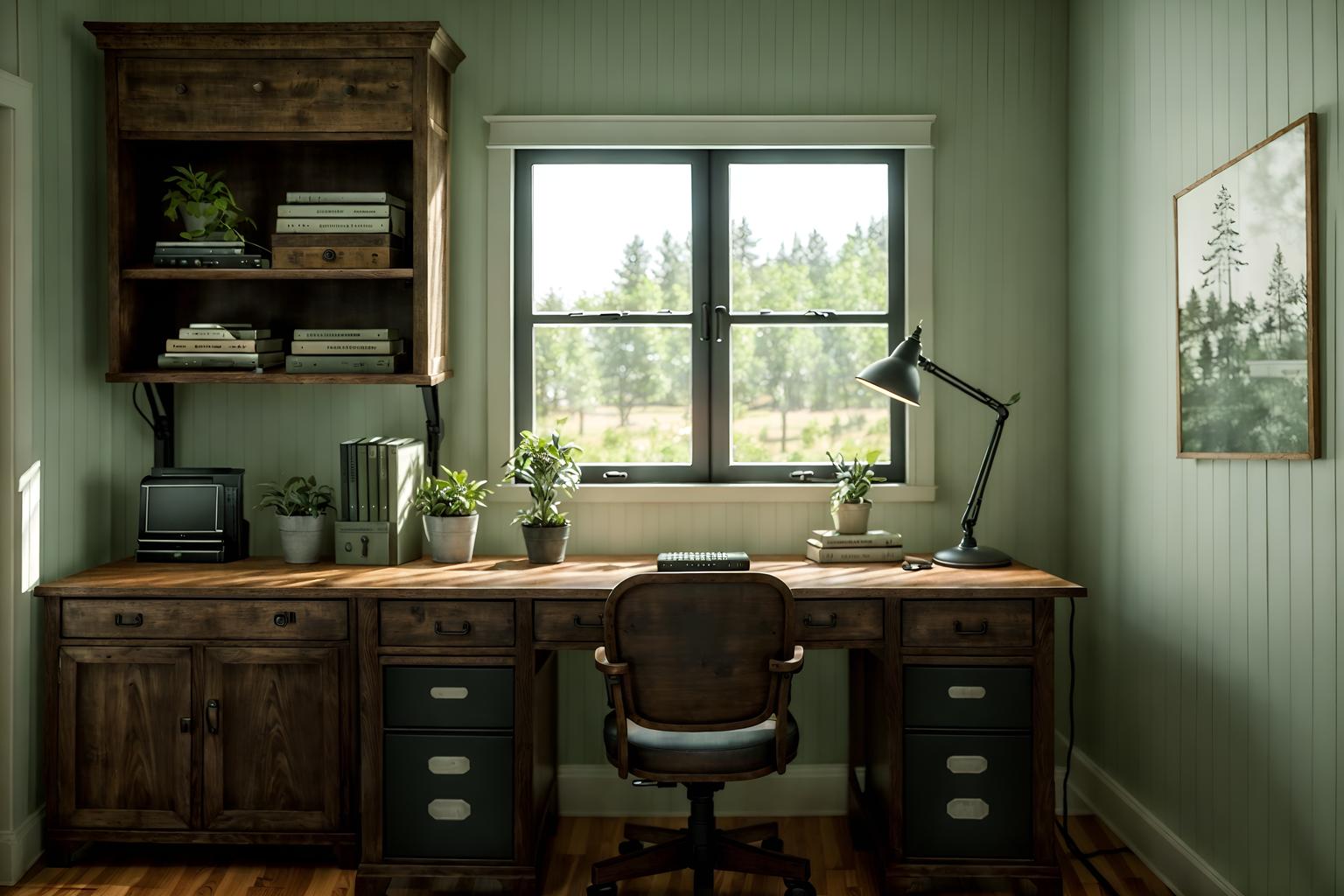 farmhouse-style (home office interior) with office chair and cabinets and plant and computer desk and desk lamp and office chair. . with . . cinematic photo, highly detailed, cinematic lighting, ultra-detailed, ultrarealistic, photorealism, 8k. farmhouse interior design style. masterpiece, cinematic light, ultrarealistic+, photorealistic+, 8k, raw photo, realistic, sharp focus on eyes, (symmetrical eyes), (intact eyes), hyperrealistic, highest quality, best quality, , highly detailed, masterpiece, best quality, extremely detailed 8k wallpaper, masterpiece, best quality, ultra-detailed, best shadow, detailed background, detailed face, detailed eyes, high contrast, best illumination, detailed face, dulux, caustic, dynamic angle, detailed glow. dramatic lighting. highly detailed, insanely detailed hair, symmetrical, intricate details, professionally retouched, 8k high definition. strong bokeh. award winning photo.