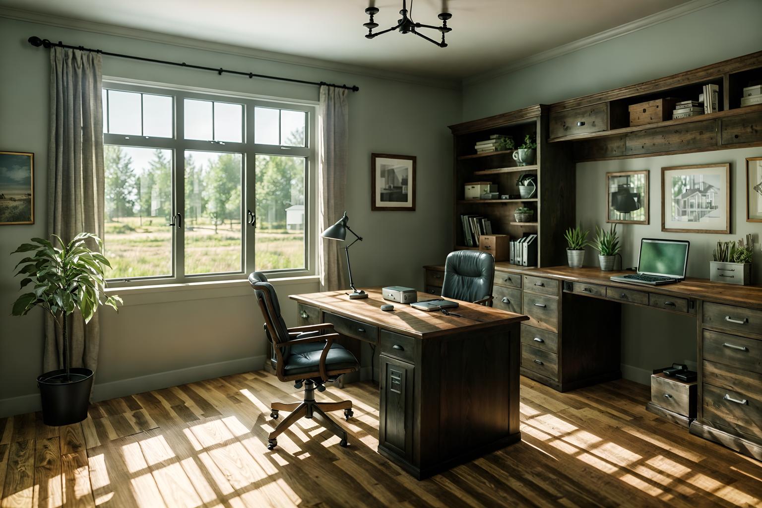 farmhouse-style (home office interior) with office chair and cabinets and plant and computer desk and desk lamp and office chair. . with . . cinematic photo, highly detailed, cinematic lighting, ultra-detailed, ultrarealistic, photorealism, 8k. farmhouse interior design style. masterpiece, cinematic light, ultrarealistic+, photorealistic+, 8k, raw photo, realistic, sharp focus on eyes, (symmetrical eyes), (intact eyes), hyperrealistic, highest quality, best quality, , highly detailed, masterpiece, best quality, extremely detailed 8k wallpaper, masterpiece, best quality, ultra-detailed, best shadow, detailed background, detailed face, detailed eyes, high contrast, best illumination, detailed face, dulux, caustic, dynamic angle, detailed glow. dramatic lighting. highly detailed, insanely detailed hair, symmetrical, intricate details, professionally retouched, 8k high definition. strong bokeh. award winning photo.