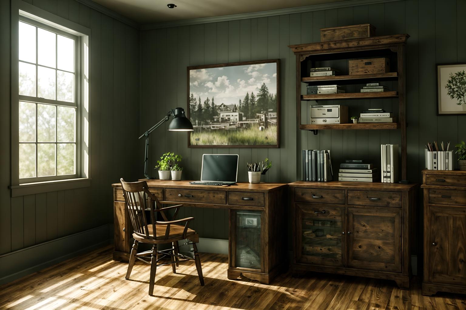 farmhouse-style (home office interior) with office chair and cabinets and plant and computer desk and desk lamp and office chair. . with . . cinematic photo, highly detailed, cinematic lighting, ultra-detailed, ultrarealistic, photorealism, 8k. farmhouse interior design style. masterpiece, cinematic light, ultrarealistic+, photorealistic+, 8k, raw photo, realistic, sharp focus on eyes, (symmetrical eyes), (intact eyes), hyperrealistic, highest quality, best quality, , highly detailed, masterpiece, best quality, extremely detailed 8k wallpaper, masterpiece, best quality, ultra-detailed, best shadow, detailed background, detailed face, detailed eyes, high contrast, best illumination, detailed face, dulux, caustic, dynamic angle, detailed glow. dramatic lighting. highly detailed, insanely detailed hair, symmetrical, intricate details, professionally retouched, 8k high definition. strong bokeh. award winning photo.