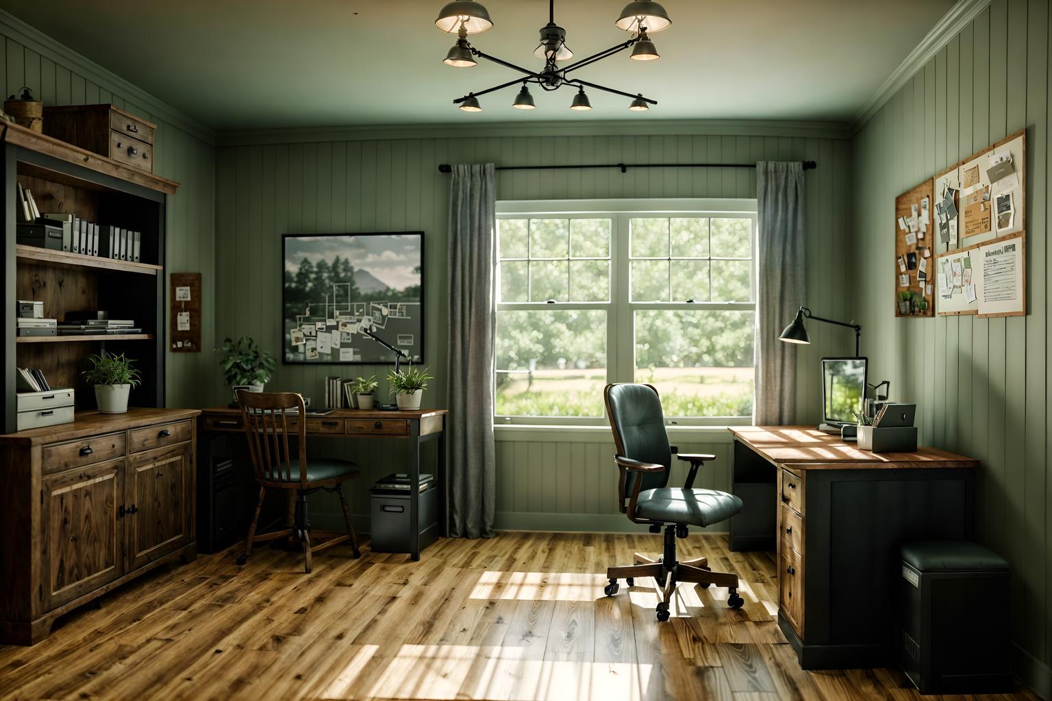 farmhouse-style (home office interior) with office chair and cabinets and plant and computer desk and desk lamp and office chair. . with . . cinematic photo, highly detailed, cinematic lighting, ultra-detailed, ultrarealistic, photorealism, 8k. farmhouse interior design style. masterpiece, cinematic light, ultrarealistic+, photorealistic+, 8k, raw photo, realistic, sharp focus on eyes, (symmetrical eyes), (intact eyes), hyperrealistic, highest quality, best quality, , highly detailed, masterpiece, best quality, extremely detailed 8k wallpaper, masterpiece, best quality, ultra-detailed, best shadow, detailed background, detailed face, detailed eyes, high contrast, best illumination, detailed face, dulux, caustic, dynamic angle, detailed glow. dramatic lighting. highly detailed, insanely detailed hair, symmetrical, intricate details, professionally retouched, 8k high definition. strong bokeh. award winning photo.