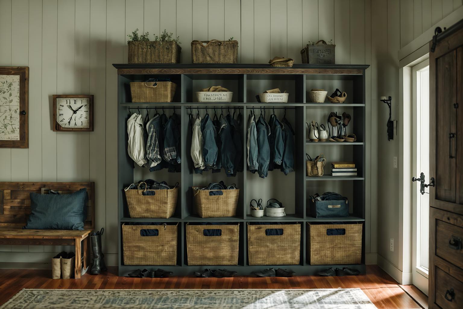 farmhouse-style (drop zone interior) with storage drawers and cabinets and cubbies and lockers and shelves for shoes and wall hooks for coats and high up storage and a bench. . with . . cinematic photo, highly detailed, cinematic lighting, ultra-detailed, ultrarealistic, photorealism, 8k. farmhouse interior design style. masterpiece, cinematic light, ultrarealistic+, photorealistic+, 8k, raw photo, realistic, sharp focus on eyes, (symmetrical eyes), (intact eyes), hyperrealistic, highest quality, best quality, , highly detailed, masterpiece, best quality, extremely detailed 8k wallpaper, masterpiece, best quality, ultra-detailed, best shadow, detailed background, detailed face, detailed eyes, high contrast, best illumination, detailed face, dulux, caustic, dynamic angle, detailed glow. dramatic lighting. highly detailed, insanely detailed hair, symmetrical, intricate details, professionally retouched, 8k high definition. strong bokeh. award winning photo.