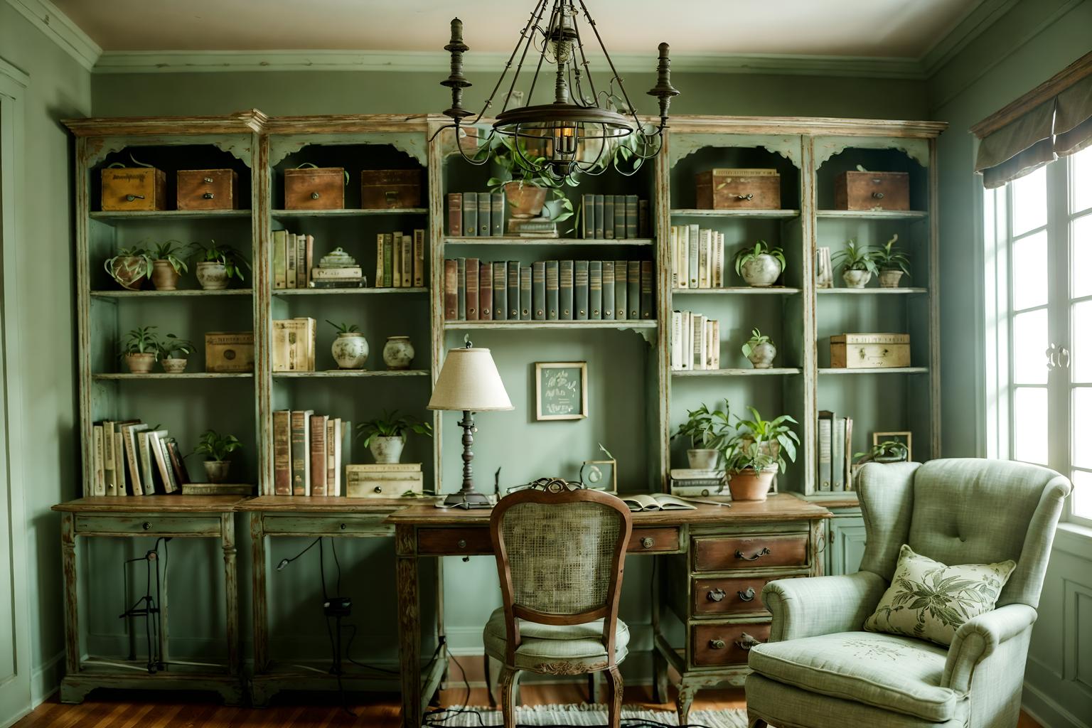 shabby chic-style (study room interior) with plant and bookshelves and lounge chair and desk lamp and writing desk and cabinets and office chair and plant. . . cinematic photo, highly detailed, cinematic lighting, ultra-detailed, ultrarealistic, photorealism, 8k. shabby chic interior design style. masterpiece, cinematic light, ultrarealistic+, photorealistic+, 8k, raw photo, realistic, sharp focus on eyes, (symmetrical eyes), (intact eyes), hyperrealistic, highest quality, best quality, , highly detailed, masterpiece, best quality, extremely detailed 8k wallpaper, masterpiece, best quality, ultra-detailed, best shadow, detailed background, detailed face, detailed eyes, high contrast, best illumination, detailed face, dulux, caustic, dynamic angle, detailed glow. dramatic lighting. highly detailed, insanely detailed hair, symmetrical, intricate details, professionally retouched, 8k high definition. strong bokeh. award winning photo.